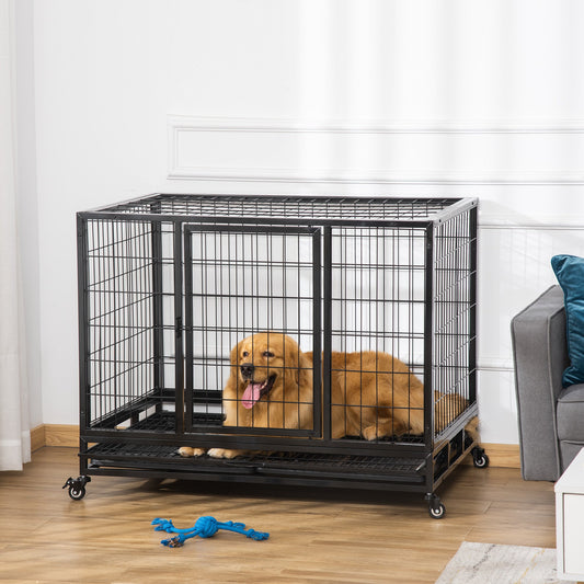PawHut 43" Heavy Duty Metal Dog Crate Pet Cage with Tray Wheeled Dog Kennel