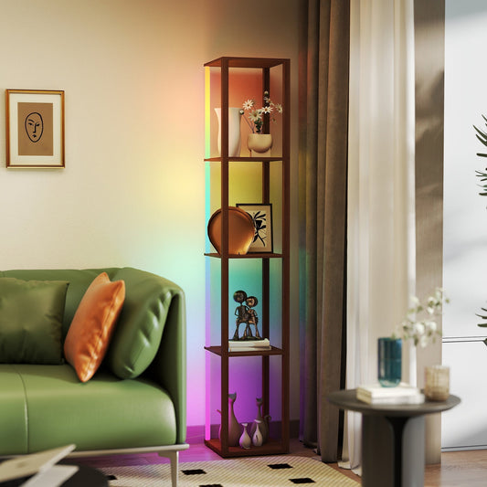 HOMCOM RGB LED Floor Lamp with Shelves, Modern Dimmable Standing Lamp with Remote Control, Adjustable Brightness & Speed for Living Room, Bedroom, Office, Brown