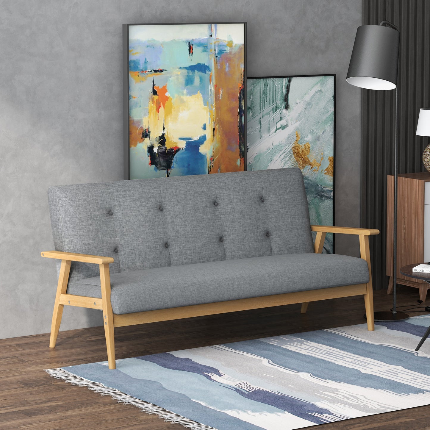 HOMCOM 3 Seater Sofa Modern Linen Fabric Upholstery Tufted Couch with Rubberwood Legs for Living Room and Kitchen, 155cm, Dark Grey