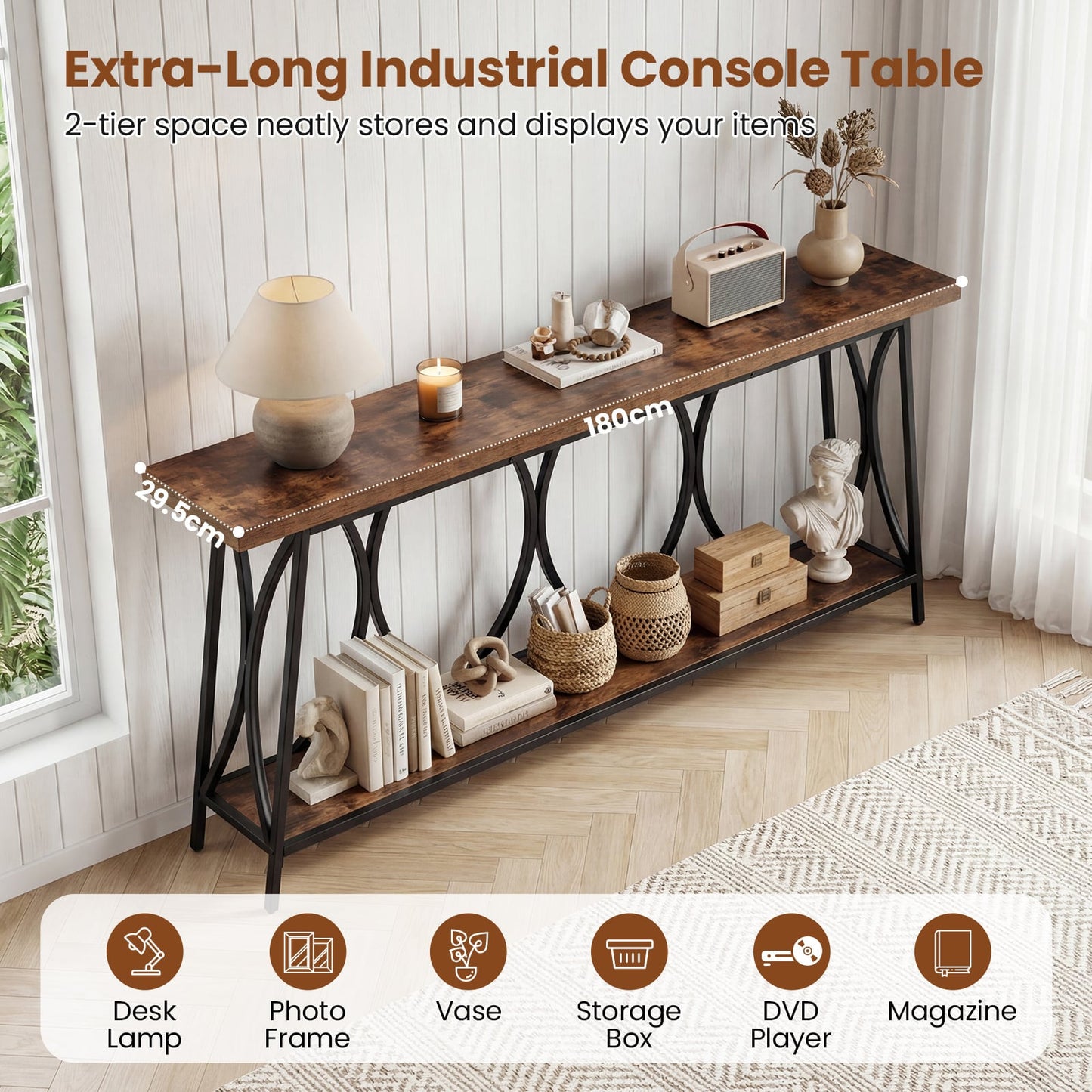 Vintage Console Table with 2-Tier Storage for Living Room-Rustic Brown