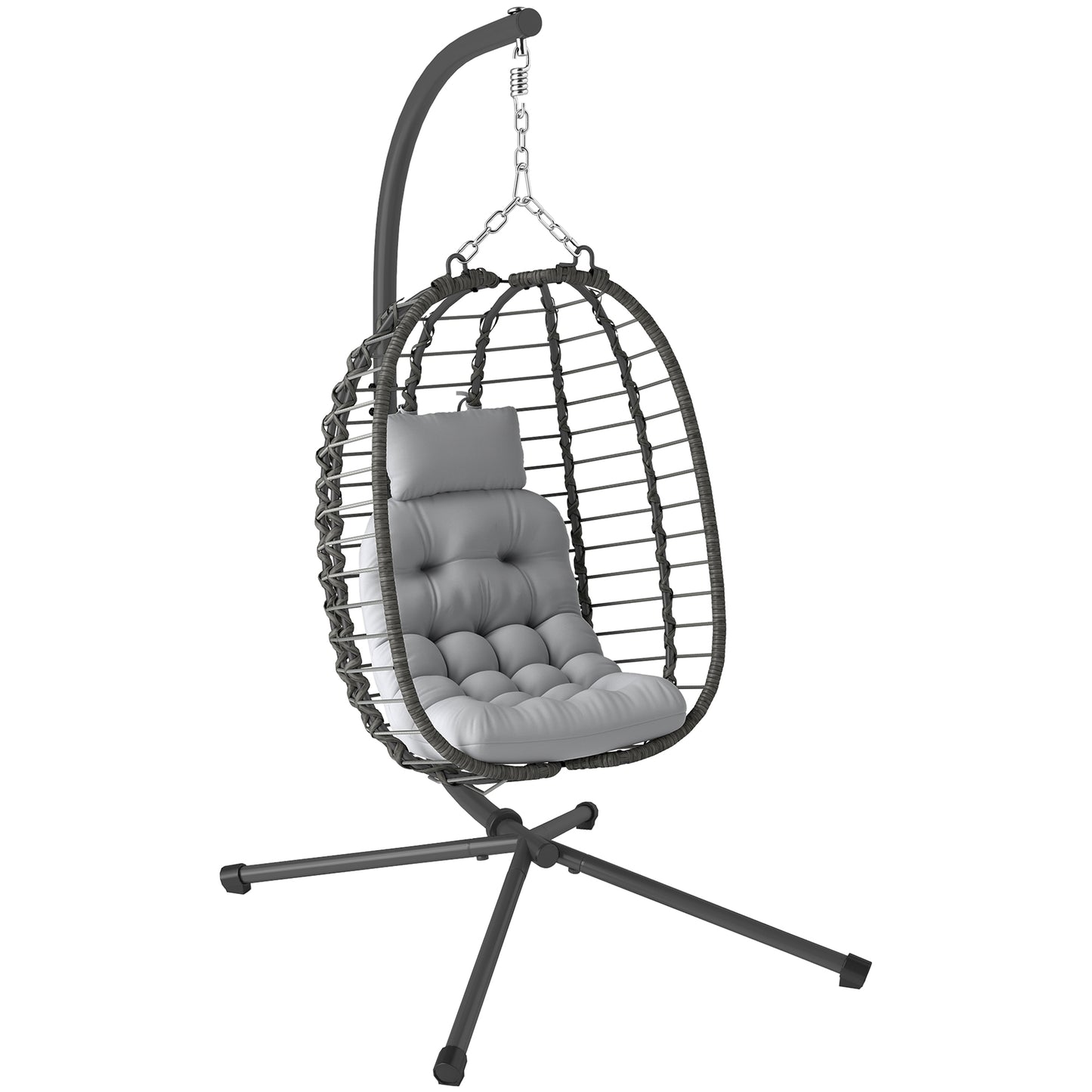 Outsunny Rattan Wiszący Fotel Jajko, Składany Wiklinowy Fotel Hamakowy z Poduszką, Stojak, Regulowana Wysokość, Poduszka Zagłówka, Stalowa Rama Do Ogrodu Patio Wewnątrz Na Zewnątrz, Jasnoszary