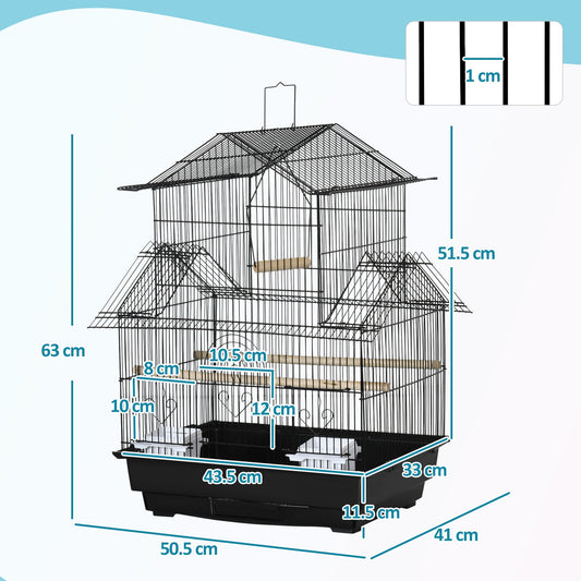 PawHut Metal Bird Cage with Plastic Swing Perch Food Container Tray Handle for Finch Canary Budgie 43.5 x 33 x 63 cm, Black