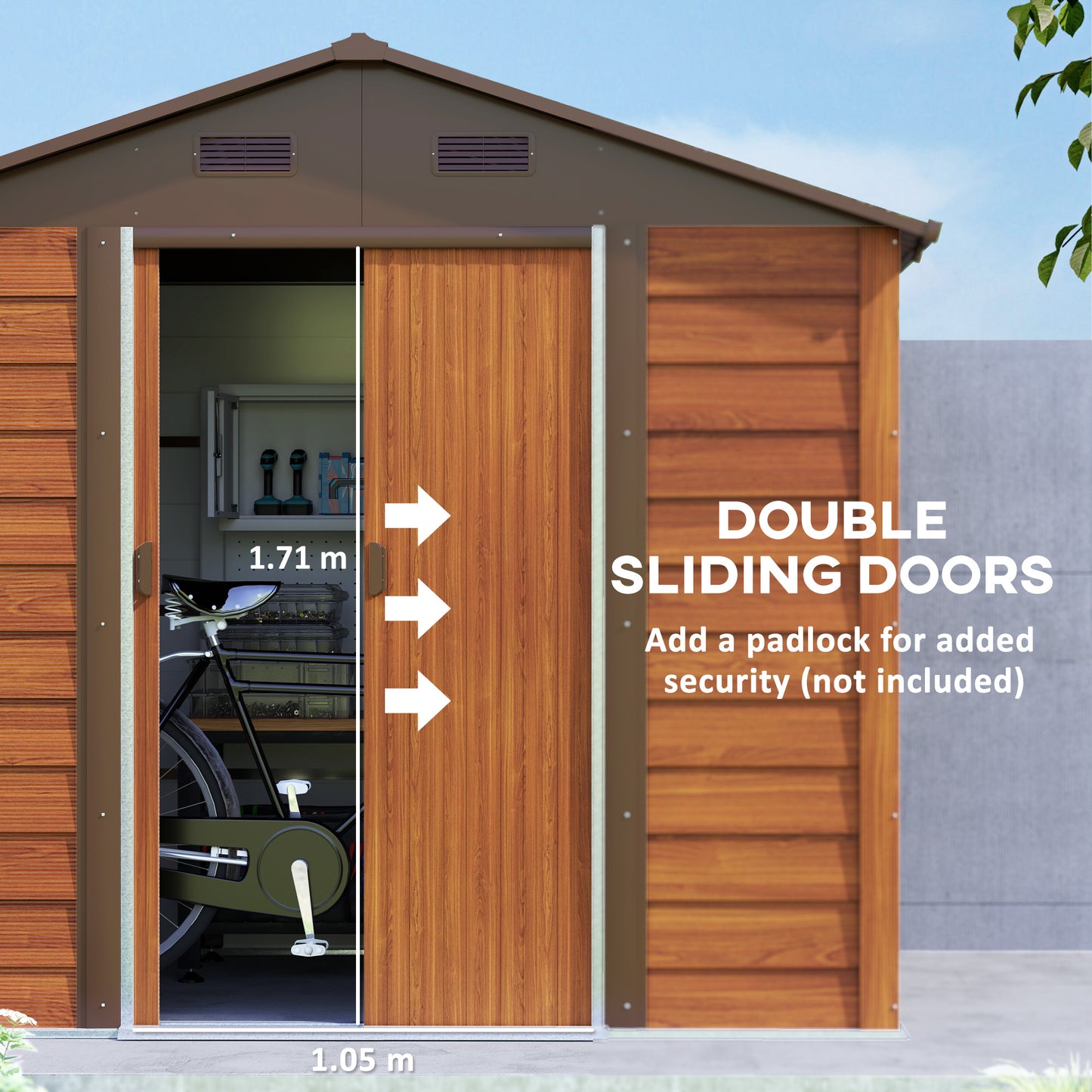 Outsunny 8 x 6ft Garden Storage Shed z przesuwanymi drzwiami - Brązowy efekt drewna