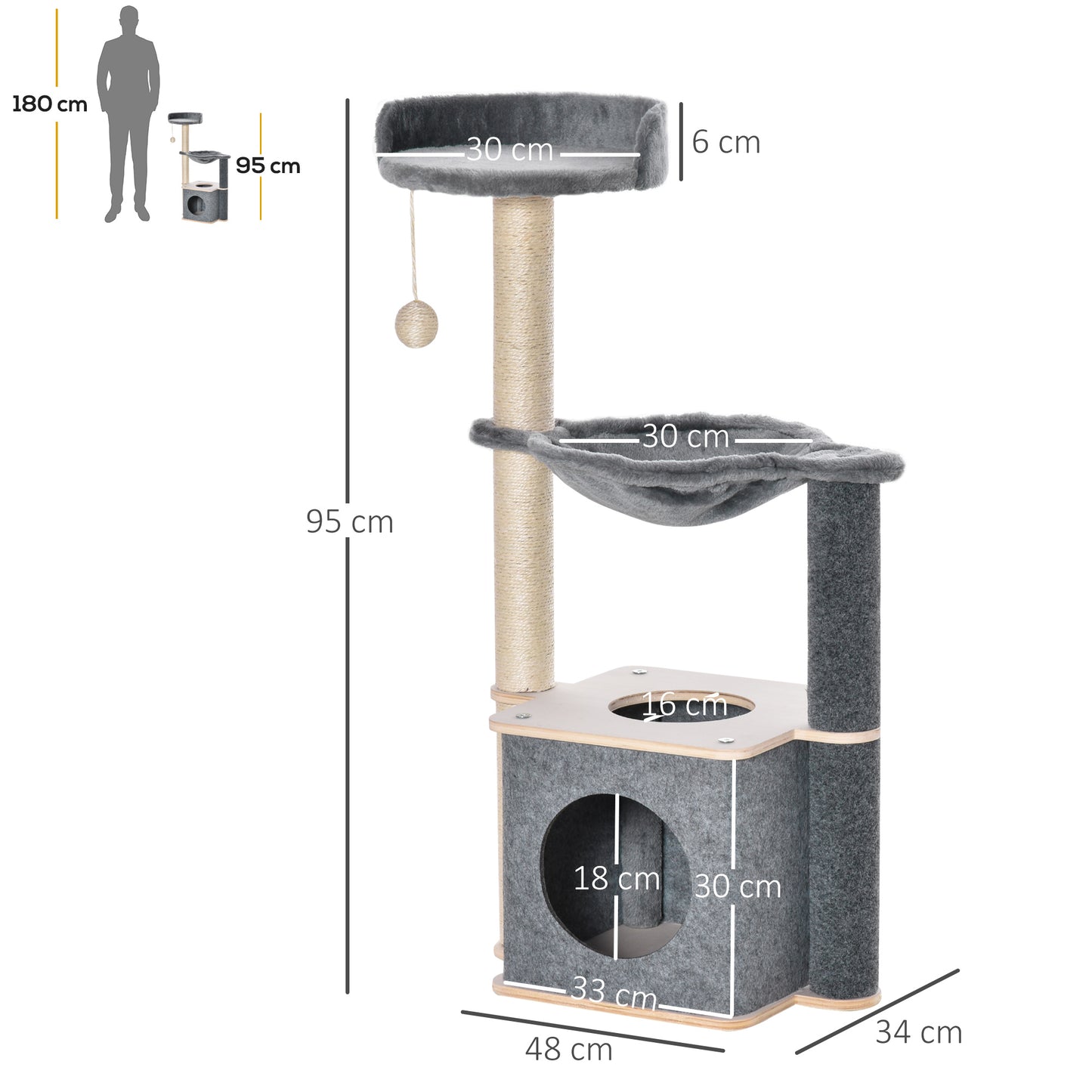 PawHut Cat Tree dla kotów domowych 95 cm wieża wspinaczkowa centrum aktywności dla kociąt z sizalowym słupkiem do drapania grzęda przestronny hamak w mieszkaniu zdejmowana filcowa wisząca zabawka, szary