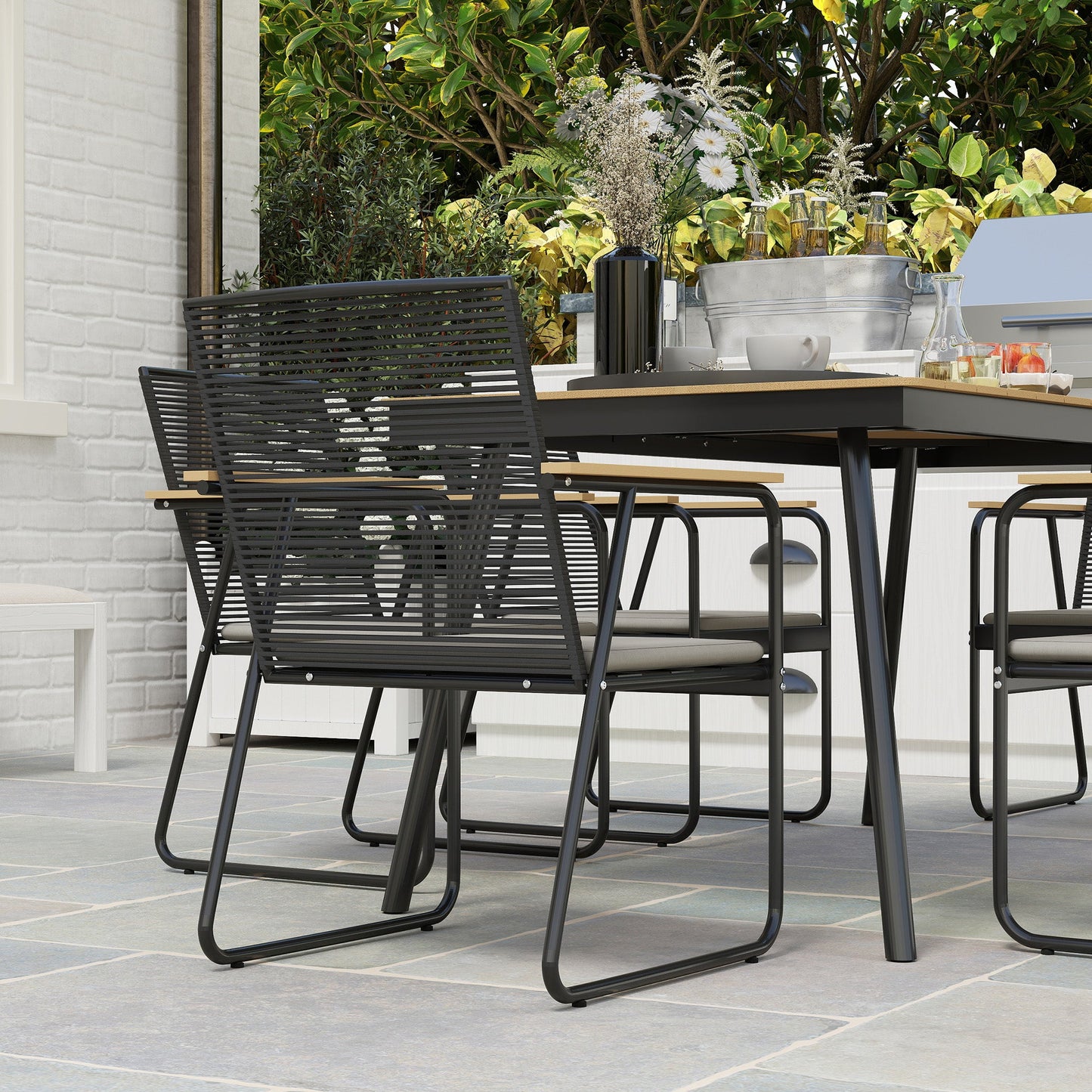 Outsunny 6 Seater Garden Dining Set with Soft Cushions, Rattan Backrest, Rectangular Plastic Top, Garden Furniture Set, Outdoor Dining Table and Chairs for Patio, Balcony, Poolside, Nature Wood Finish