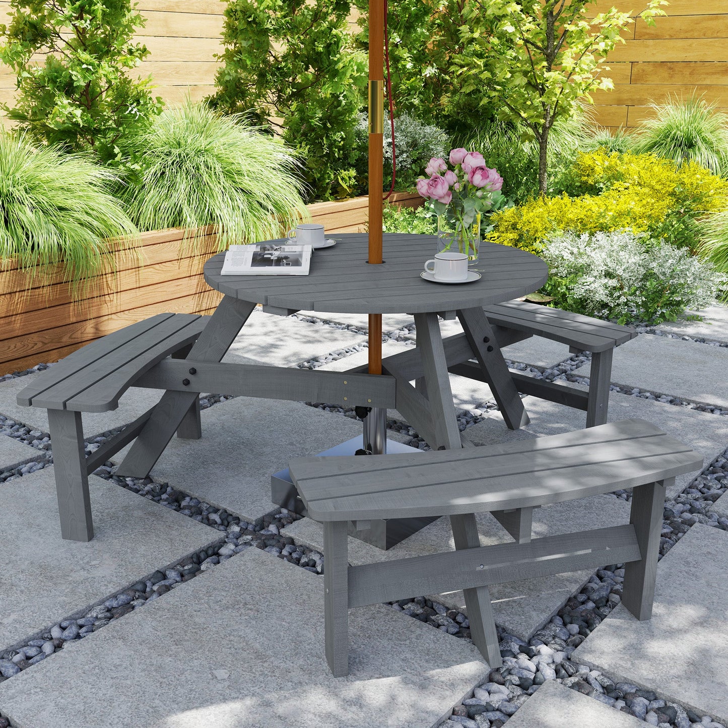 Outsunny 6 Seater Wooden Picnic Table and Garden Benches Set, Round Garden Dining Set with 3 Benches and Umbrella Hole Outdoor Garden Park, Grey