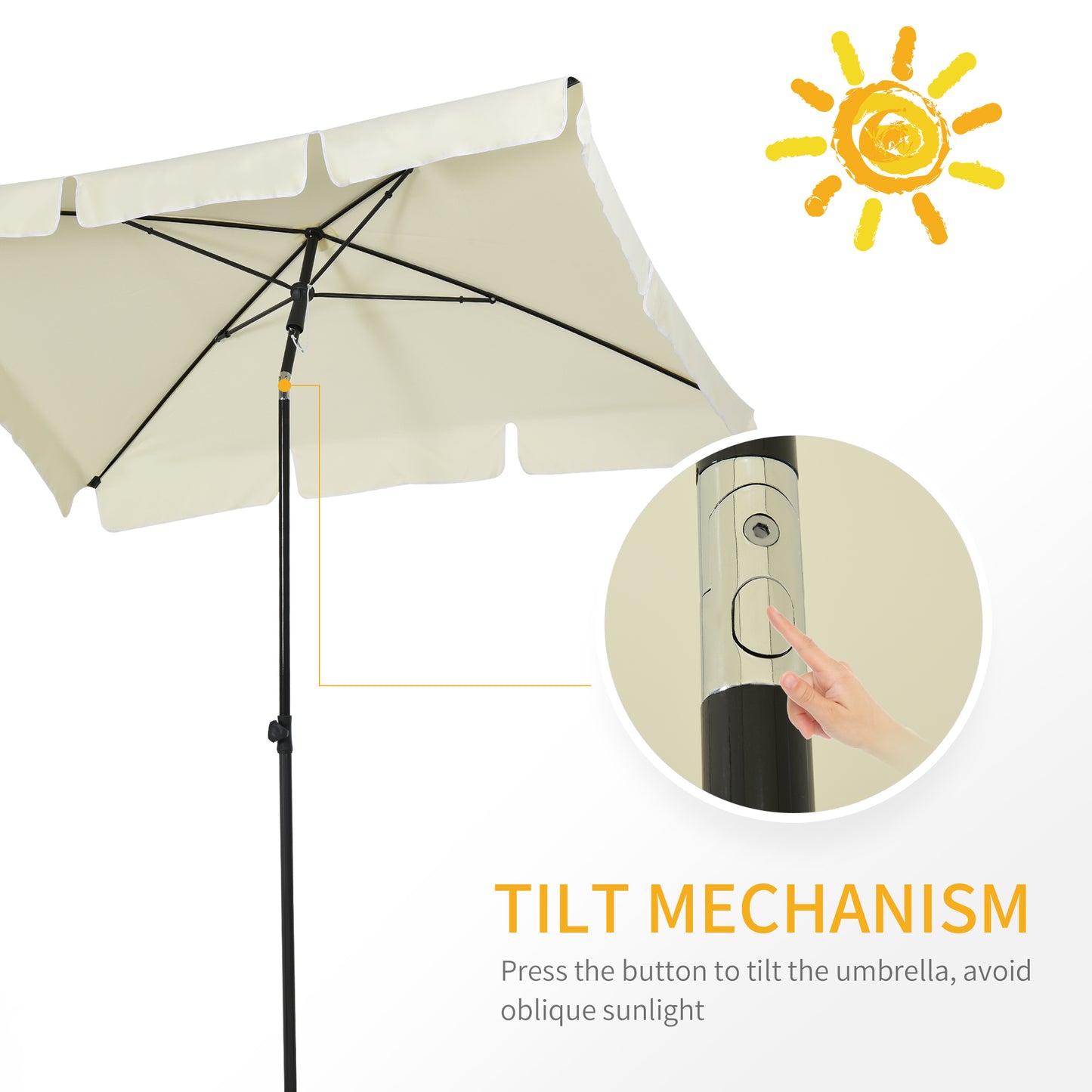 Outsunny 2 x 1,3 m Parasol ogrodowy, parasol ogrodowy na targowisko z falbankami i aluminiowym drążkiem, prostokątny, uchylny daszek przeciwsłoneczny, kremowo-biały