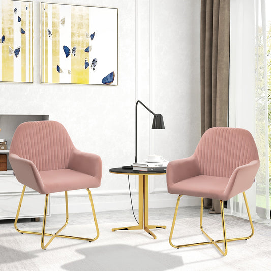 HOMCOM Modern Arm Chair Set of 2 Upholstered Accent Chair with Metal Base for Living Room Pink