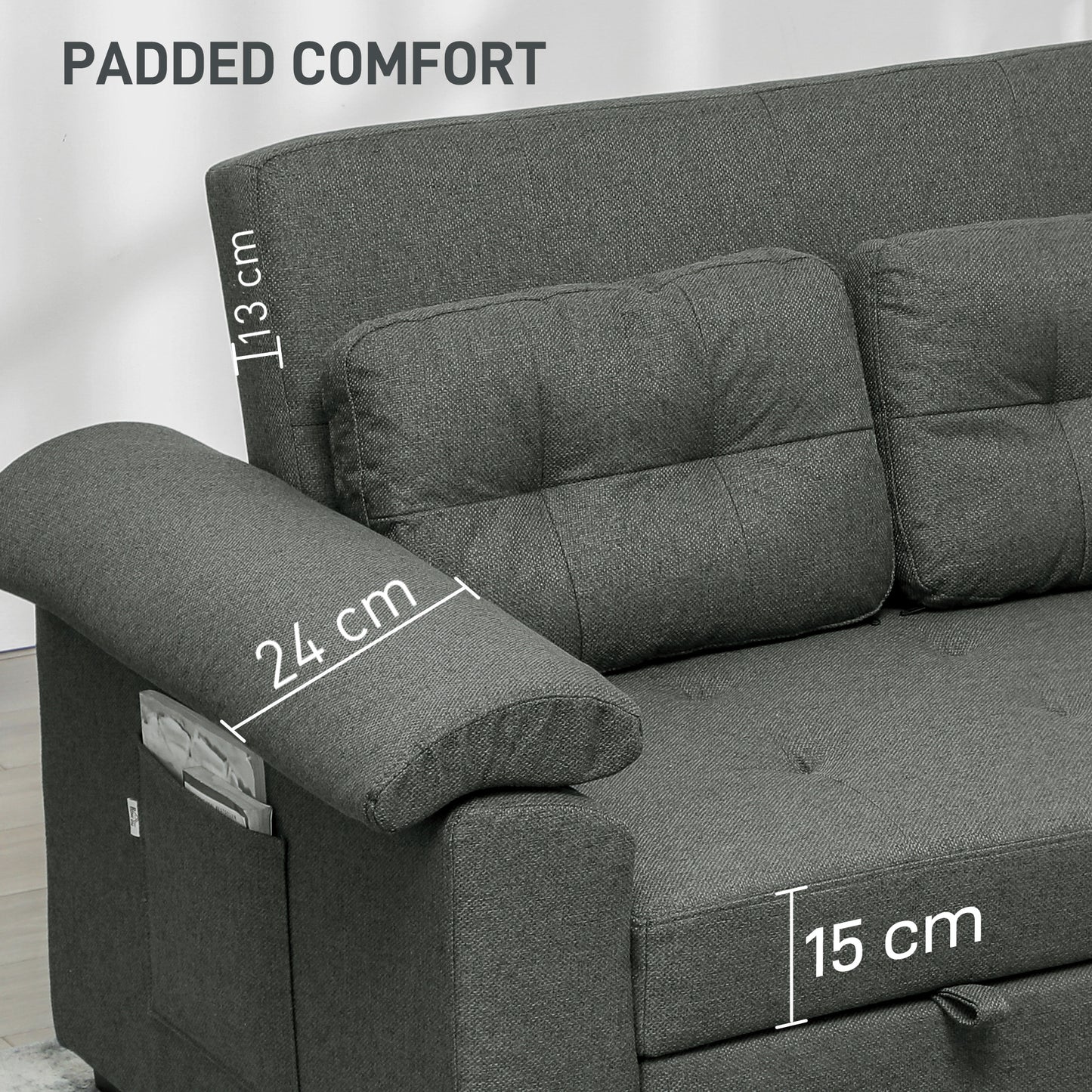 HOMCOM Pull Out Sofa Bed, Fabric 2 Seater Click Clack Sofa Bed Settee with 2 Pocket Springs, Convertible Sofa Couch with Pillows and Side Pockets for Living Room, Home Office, Charcoal Grey
