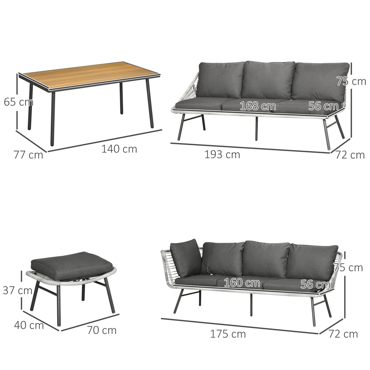 Zestaw mebli ogrodowych Outsunny 6 Seater z rattanu z sofą, podnóżkiem i stolikiem kawowym z drewna i plastiku, 193x72x75 cm, szary