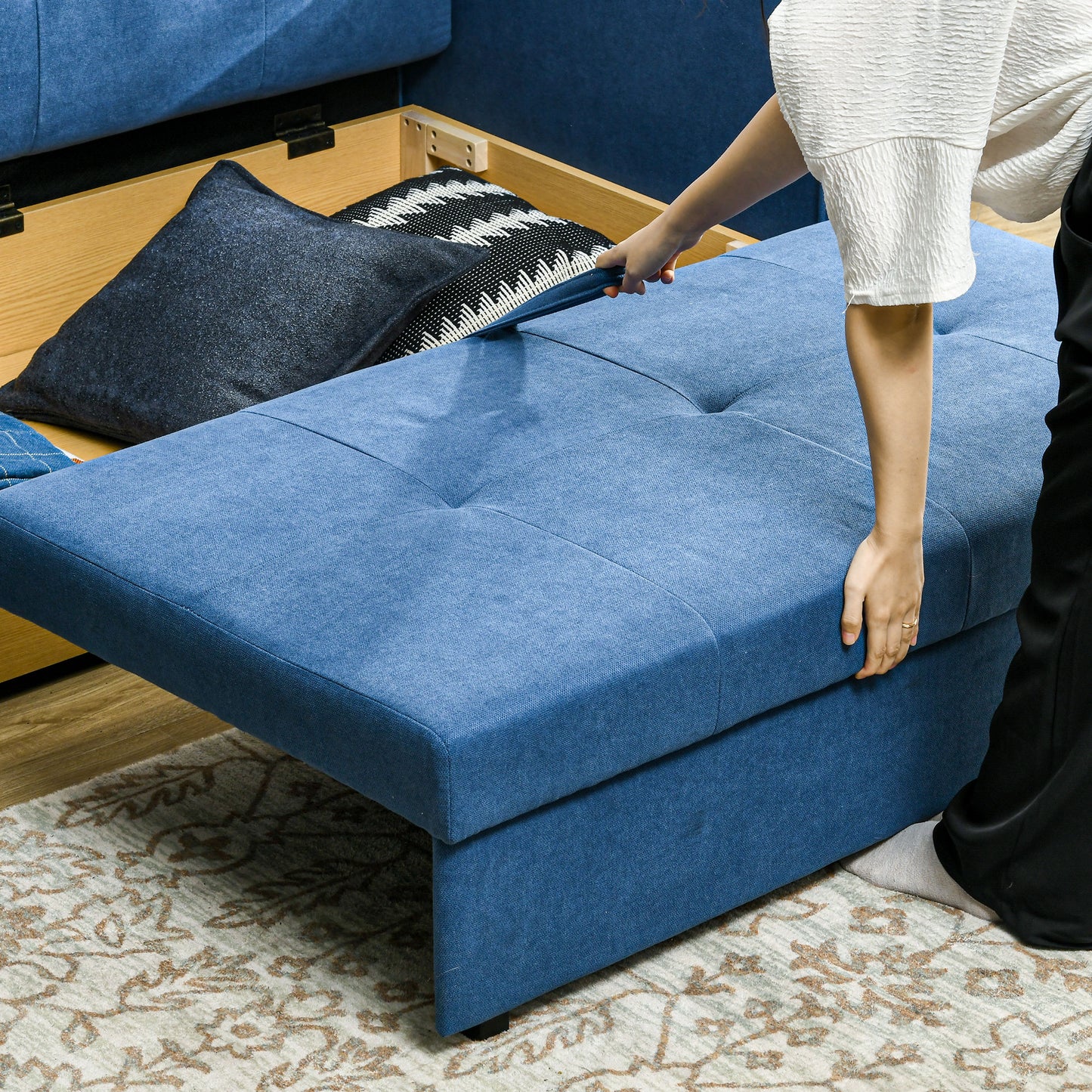 HOMCOM 2 Seater Sofa Bed, Convertible Bed Settee, Modern Cotton Loveseat Sofa Couch with 2 Cushions, Hidden Storage for Living Room, Guest Room, Deep Blue