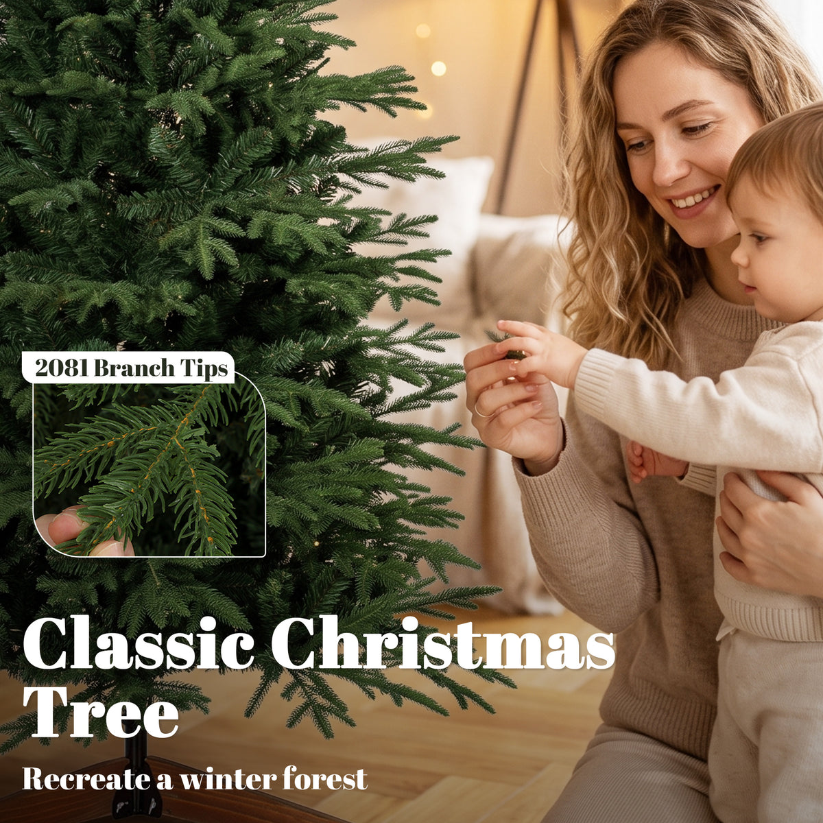 HOMCOM 180 cm Artificial Christmas Tree Full Hinged Xmas Tree Solid Pine Wood Stand, Green