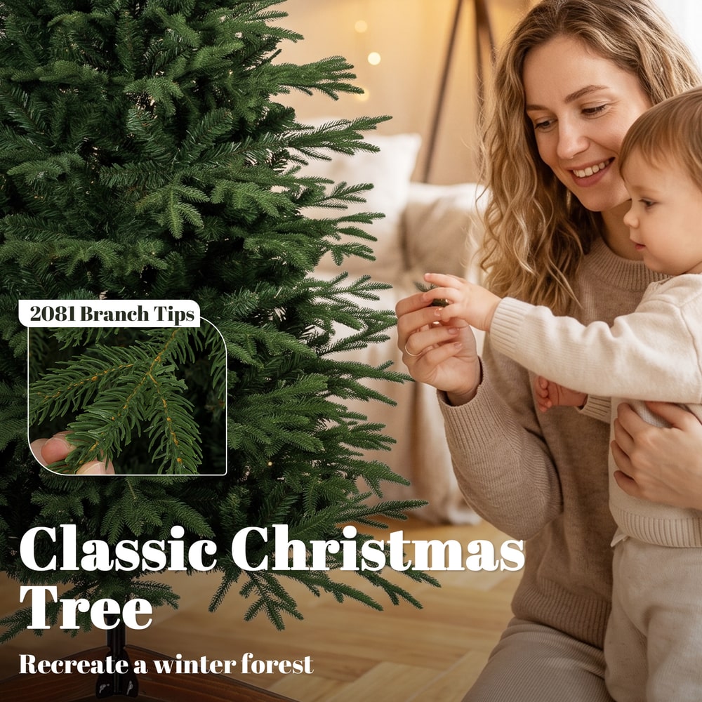 HOMCOM 180 cm Artificial Christmas Tree Full Hinged Xmas Tree Solid Pine Wood Stand, Green