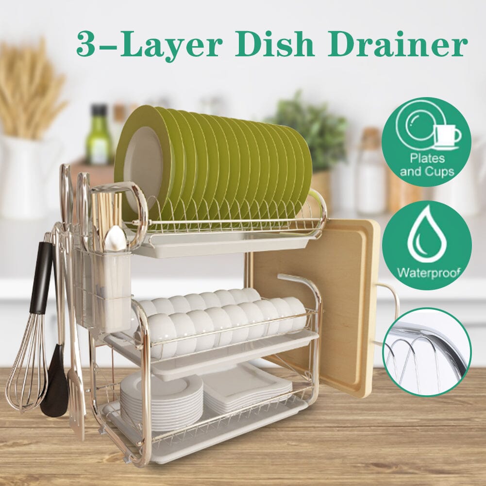 3-Tier Dish Drainer Storage Stand Bowl Plate Dryer Tray