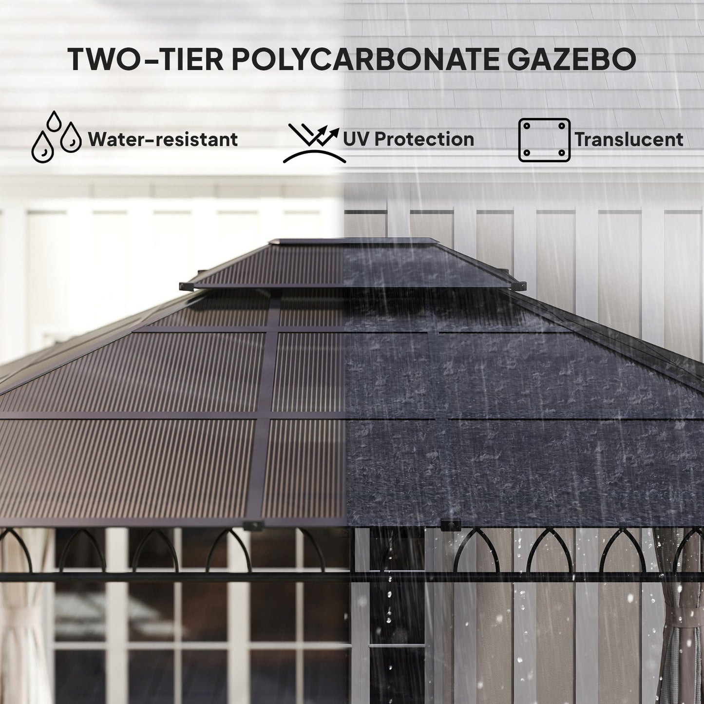 Outsunny 3,6 x 3 (m) Zewnętrzna altana z poliwęglanu, podwójny dach, twardy dach, z siatkami i zasłonami do ogrodu, trawnika, patio