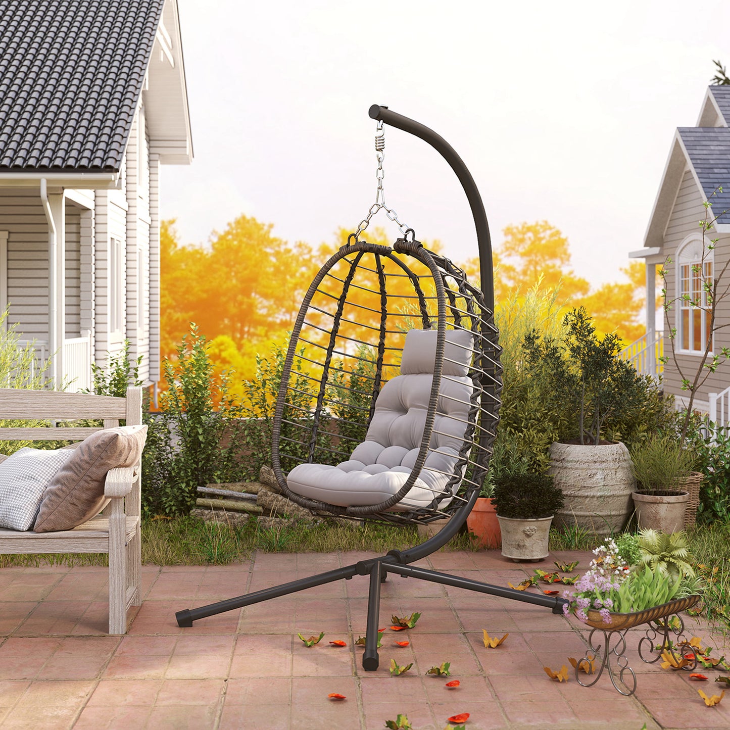 Outsunny Rattan Wiszący Fotel Jajko, Składany Wiklinowy Fotel Hamakowy z Poduszką, Stojak, Regulowana Wysokość, Poduszka Zagłówka, Stalowa Rama Do Ogrodu Patio Wewnątrz Na Zewnątrz, Jasnoszary