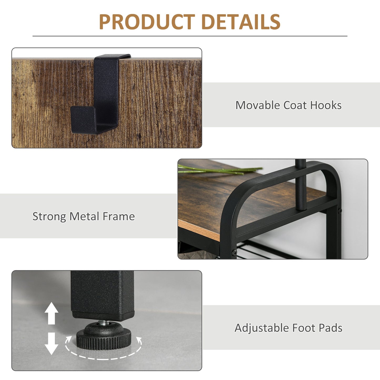 HOMCOM Coat Rack Stand Industrial hallway Shoe Rack Removable Hooks Metal Wood Hangers Storage Cabinet Rustic Brown 72L_34W_185H(cm)