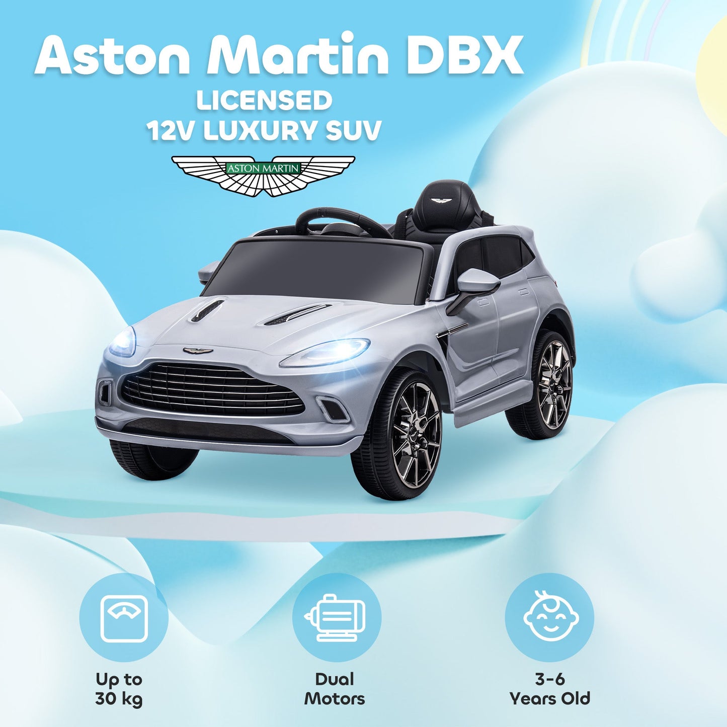 AIYAPLAY Aston Martin DBX Elektryczny samochód dla dzieci na licencji, zasilany akumulatorem, 12 V, z oświetleniem i klaksonem, szary