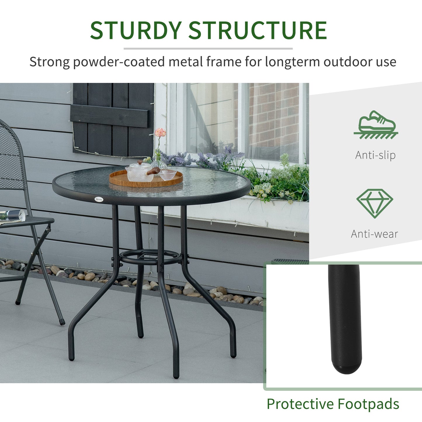 Outsunny Outdoor √è‚Ć80cm okrągły stół jadalny ze szklanym blatem hartowanym, stalową ramą, stolik kawowy Bistro, boczny stolik ogrodowy z otworem na parasol