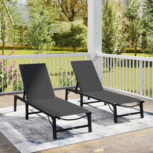 Outsunny Folding Sun Lounger Set of 2, 5-Position Adjustable Reclining Garden Loungers, Garden Chaise Lounge Sunbed Recliner Chairs with Steel Frame for Beach, Porch, Patio, Camping, Black