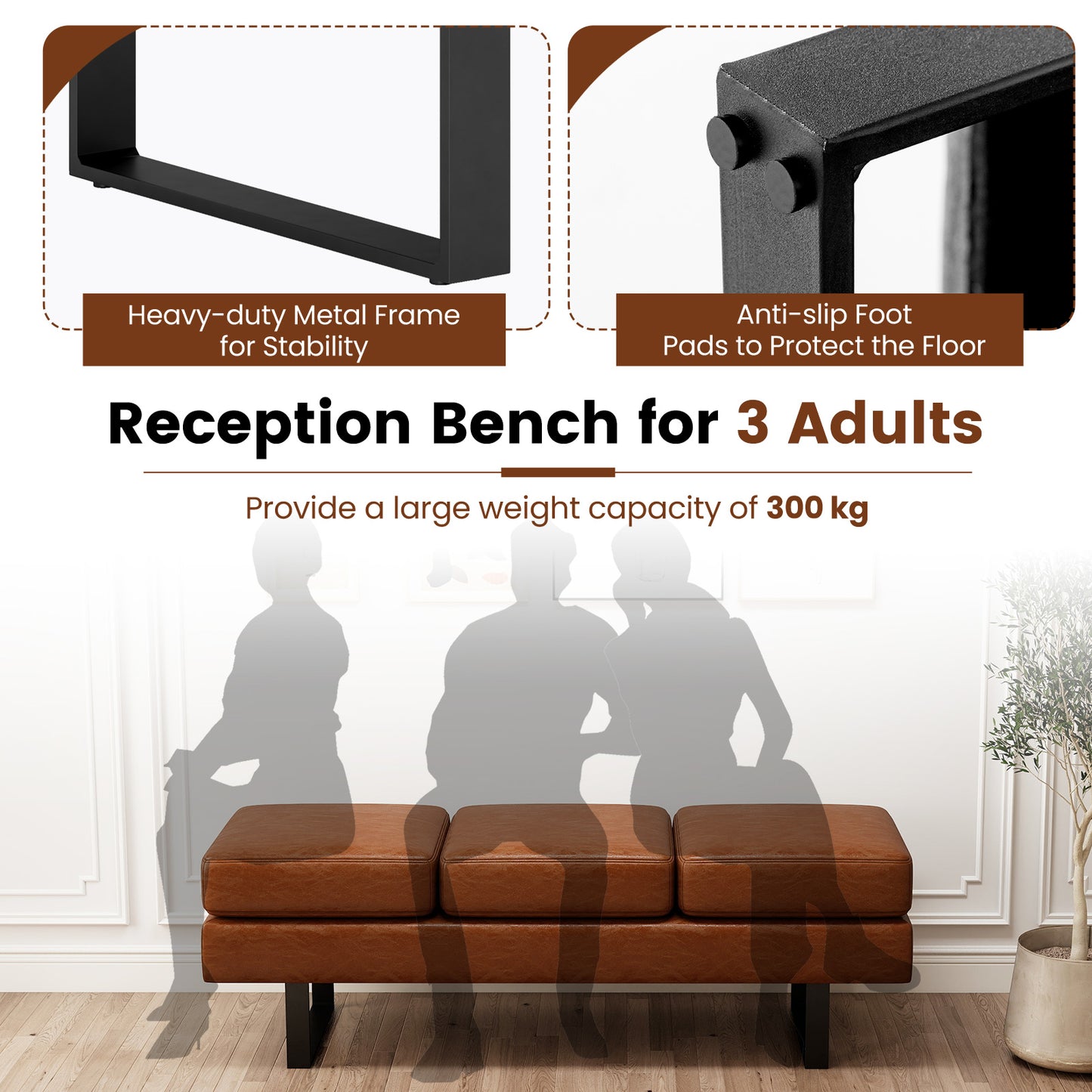 Waiting Room Bench Seating with 3 Seats and Metal Frame Leg-Brown