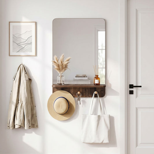 Wall Mirror with Shelf and 3 Hooks 39.5 x 60 CM Wooden Frameless Decorative Mirror-Brown