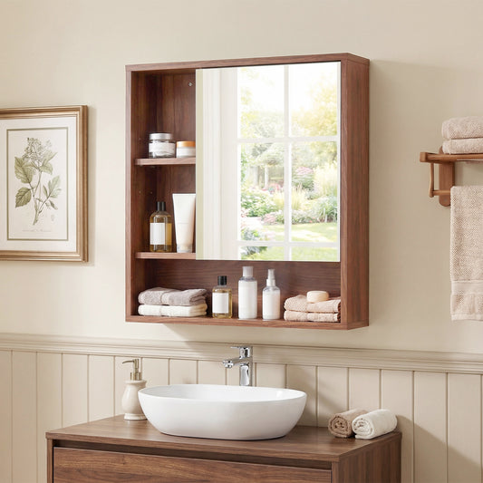 Wall Mounted Storage Organizer with Mirror for Bathroom-Brown