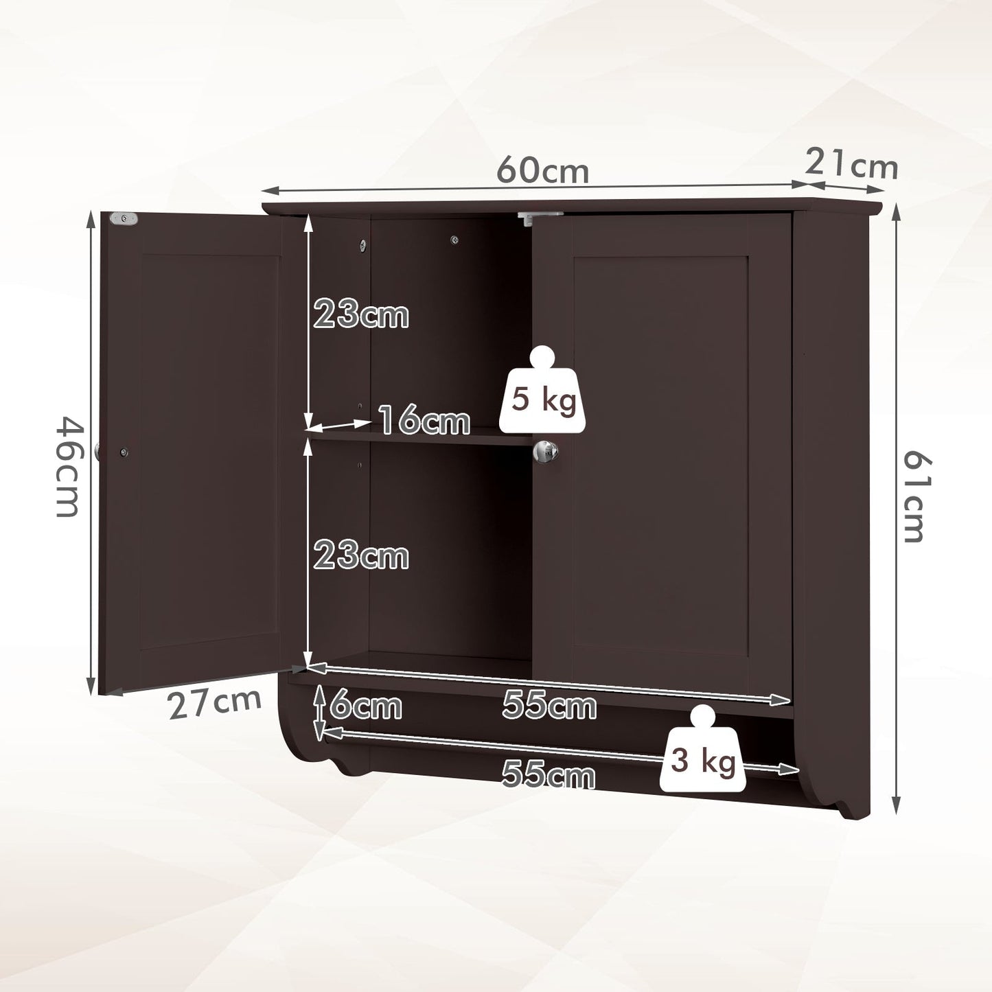 Wall Mounted Bathroom Cabinet with Adjustable Shelf-Brown