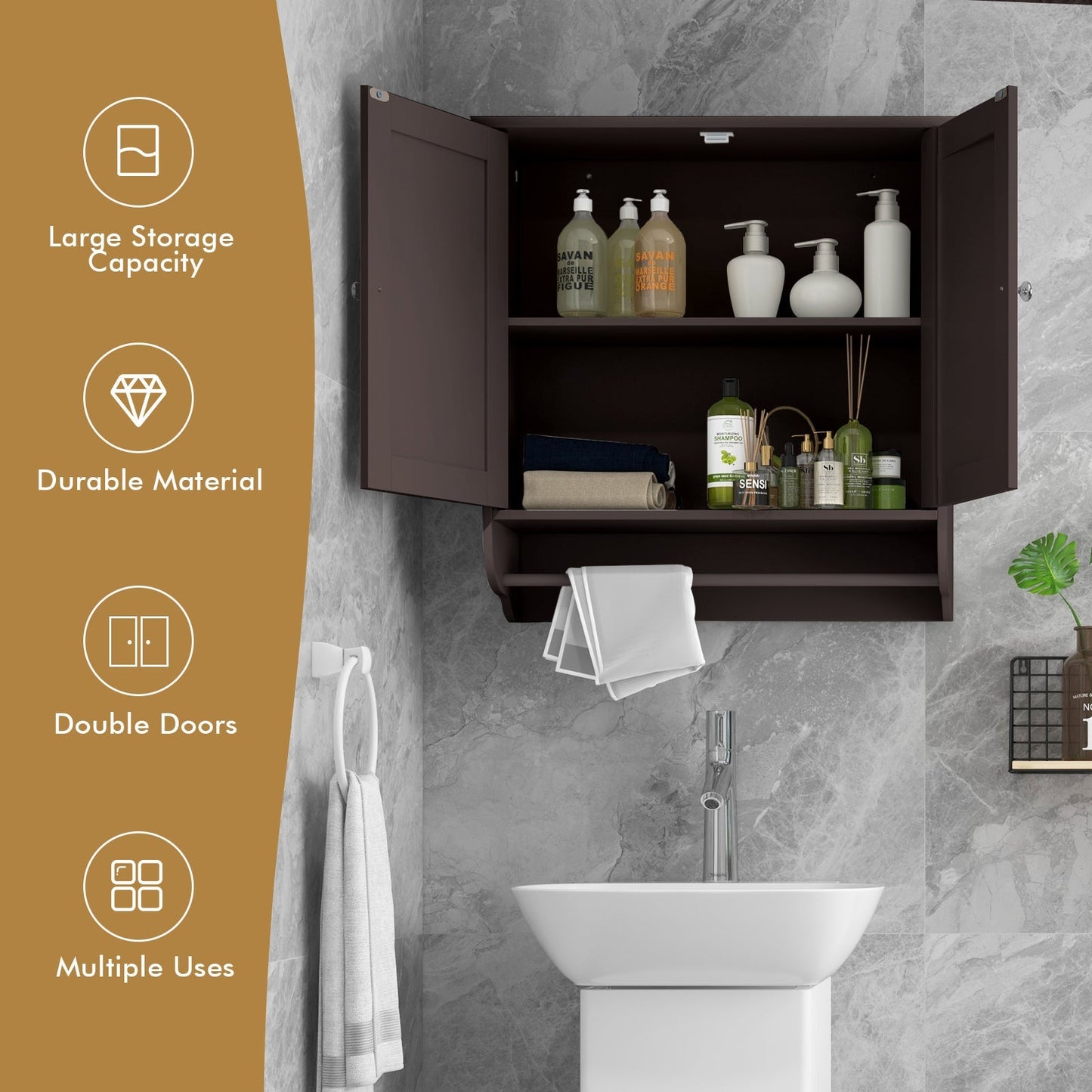 Wall Mounted Bathroom Cabinet with Adjustable Shelf-Brown