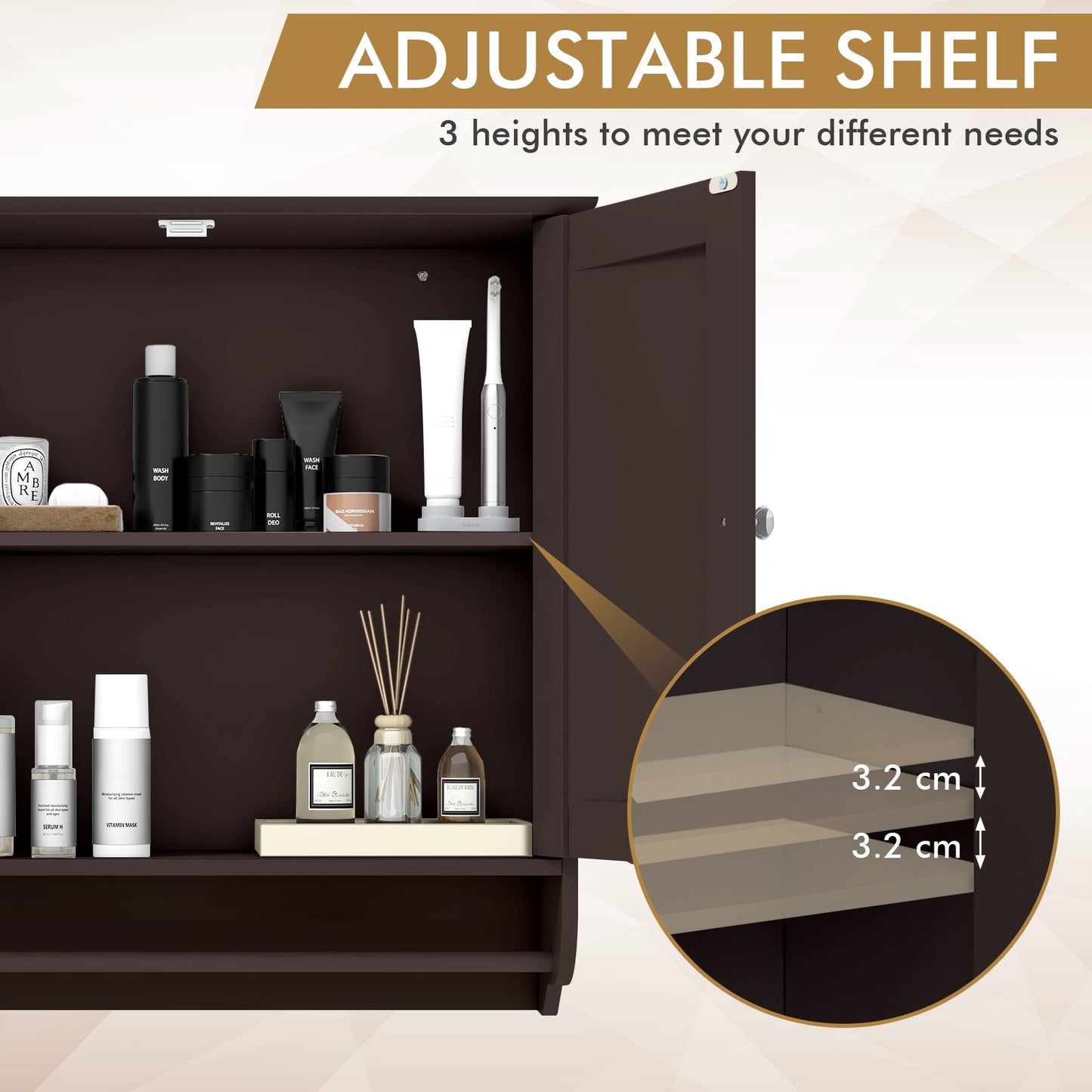 Wall Mounted Bathroom Cabinet with Adjustable Shelf-Brown