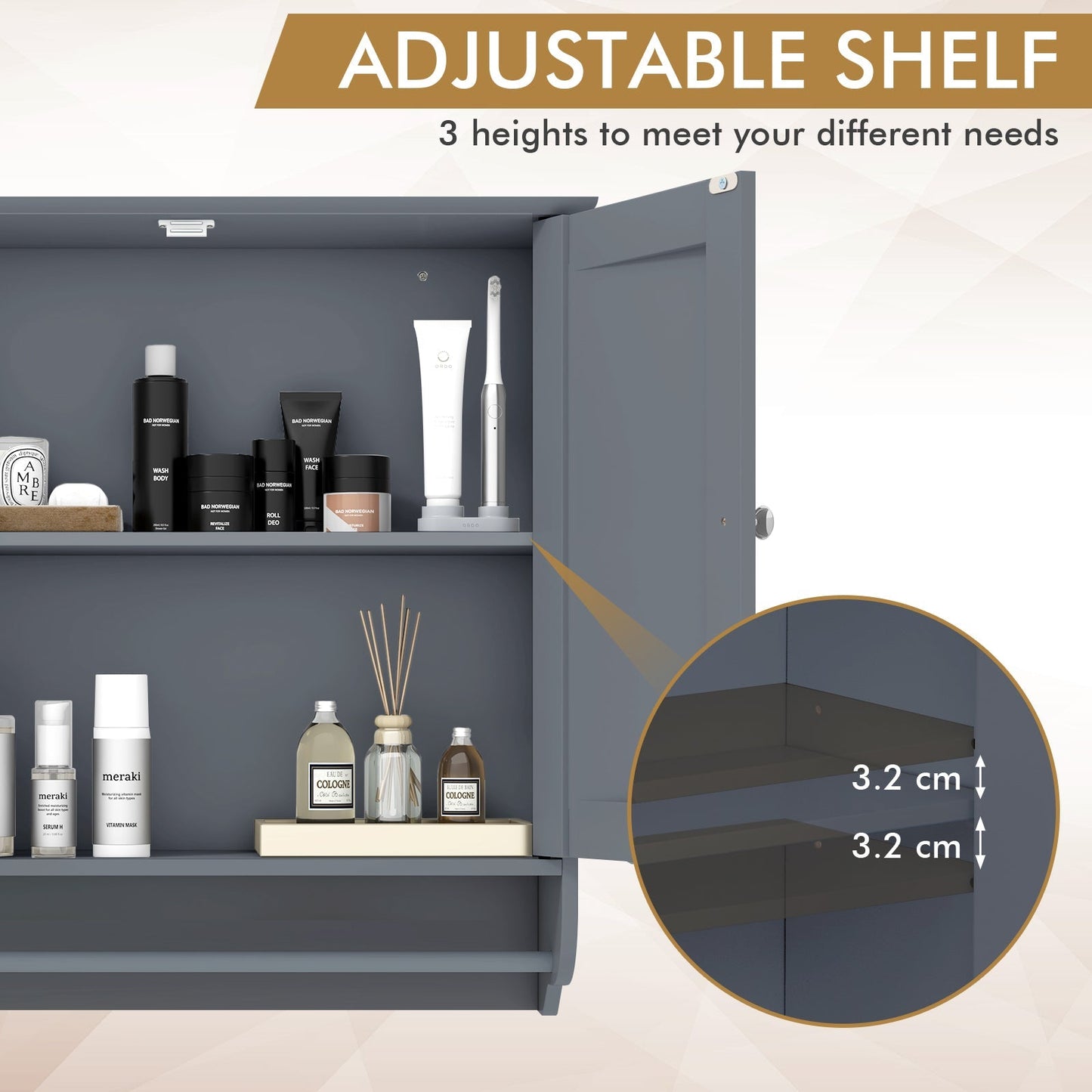 Wall Mounted Bathroom Cabinet with Adjustable Shelf-Grey