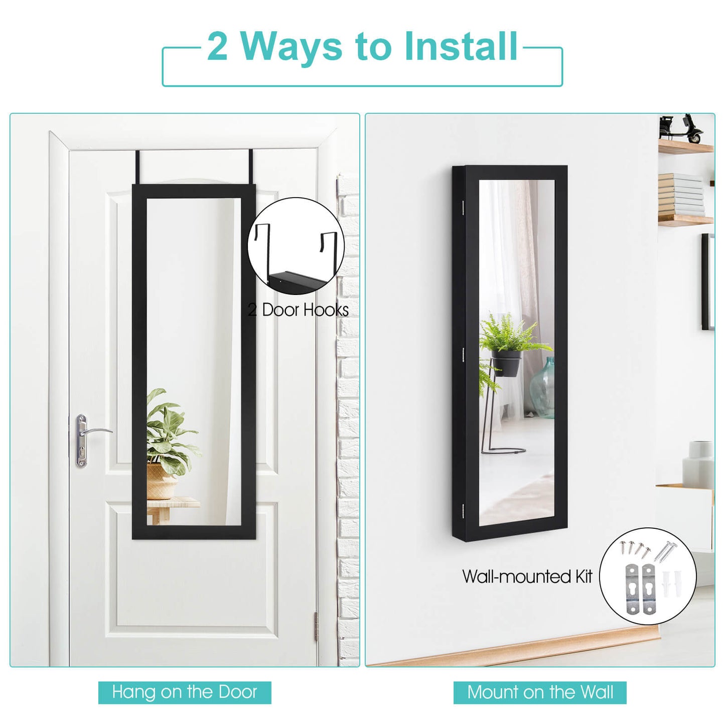 Wall Mounted Jewelry Armoire with Built-in Mirror and 3 Shelves -Black