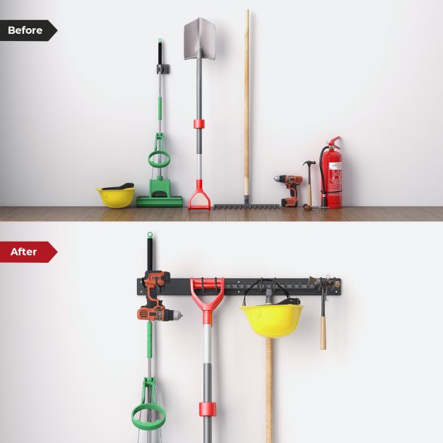Device holder wall mount incl. 4 double hooks Garden tool holder 150 kg load capacity