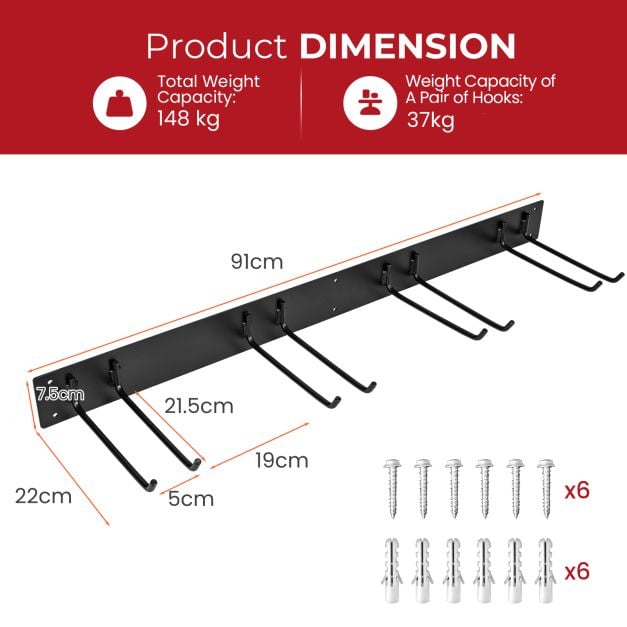 Device holder wall mount incl. 4 double hooks Garden tool holder 150 kg load capacity