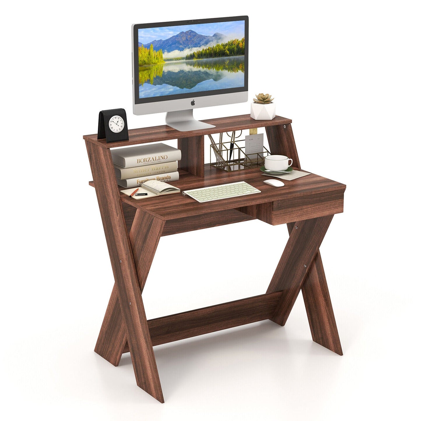 Small Computer Desk with Storage Drawer-Walnut