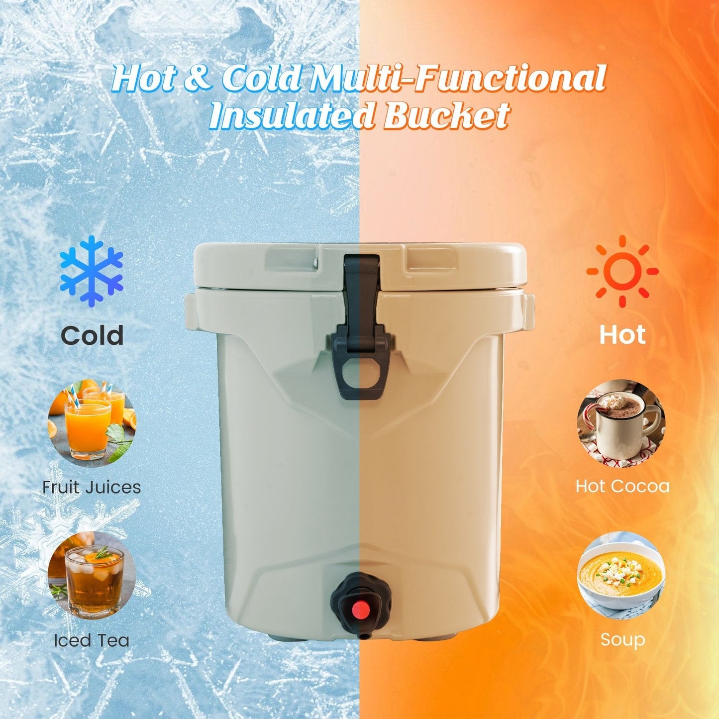 9.5 L Water Cooler Drink Cooler Insulated Ice Chest with Spigot and Shoulder Strap-Beige