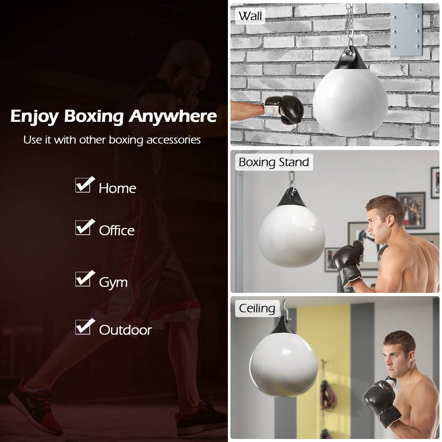 Water Punching Bag with Adjustable Metal Chain and Insurance Buckles-White