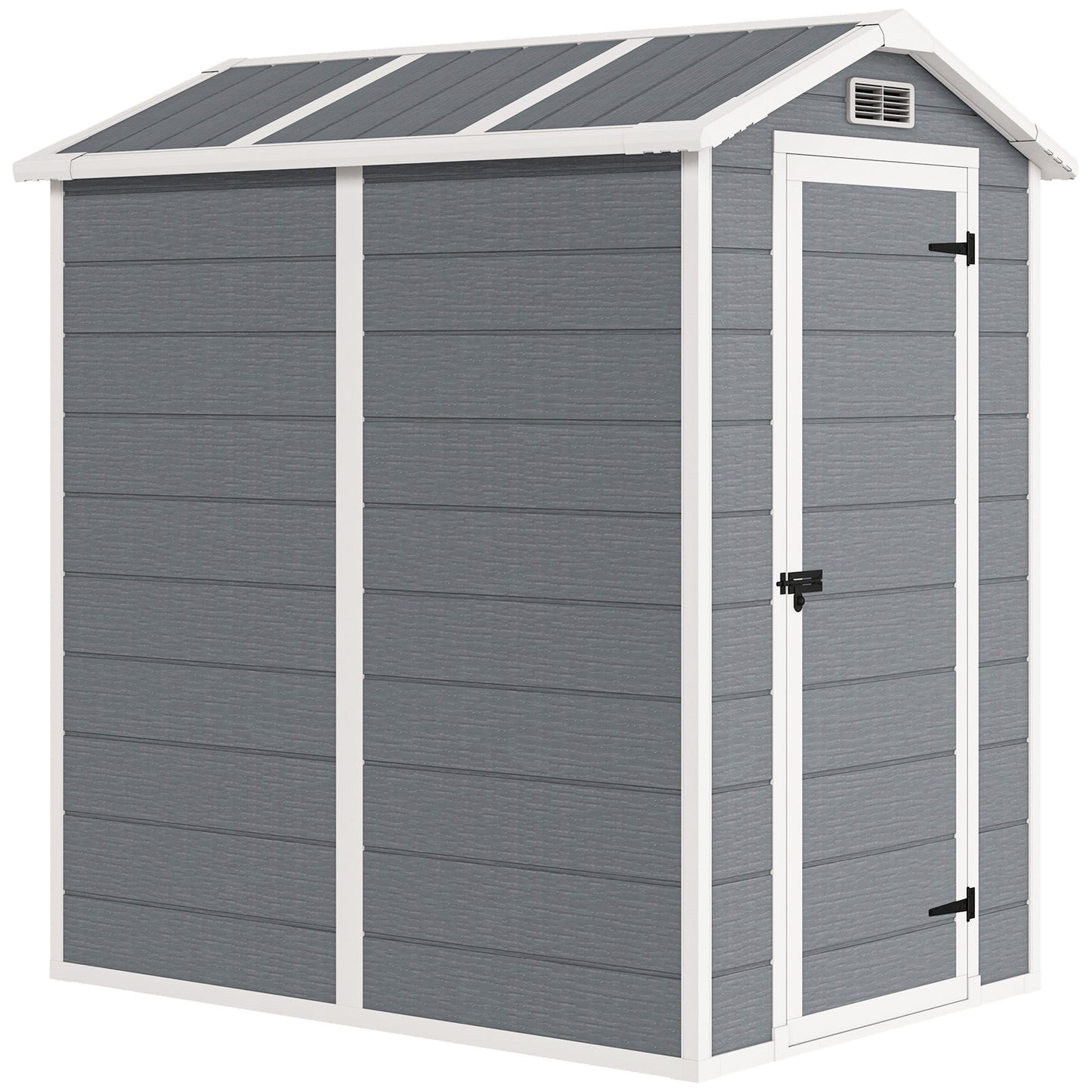 Outsunny 4 x 6ft Garden Shed, plastikowa szopa z podłogą, oknem, zamykanymi drzwiami i otworami wentylacyjnymi, żywiczna szopa na narzędzia do przechowywania na patio, zerowa konserwacja, szara