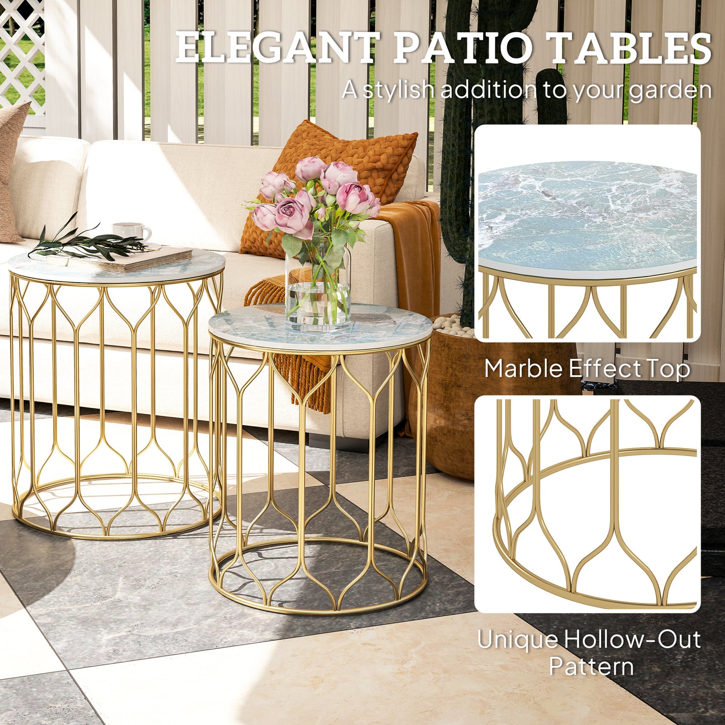 Zestaw 2 stolików bocznych Outsunny Garden Side Table, stoliki wsuwane z blatem z płytek ceramicznych, małe stoliki ogrodowe do użytku wewnątrz i na zewnątrz, wielofunkcyjne stoliki boczne z metalową ramą na patio, balkon, werandę, wielokolorowe