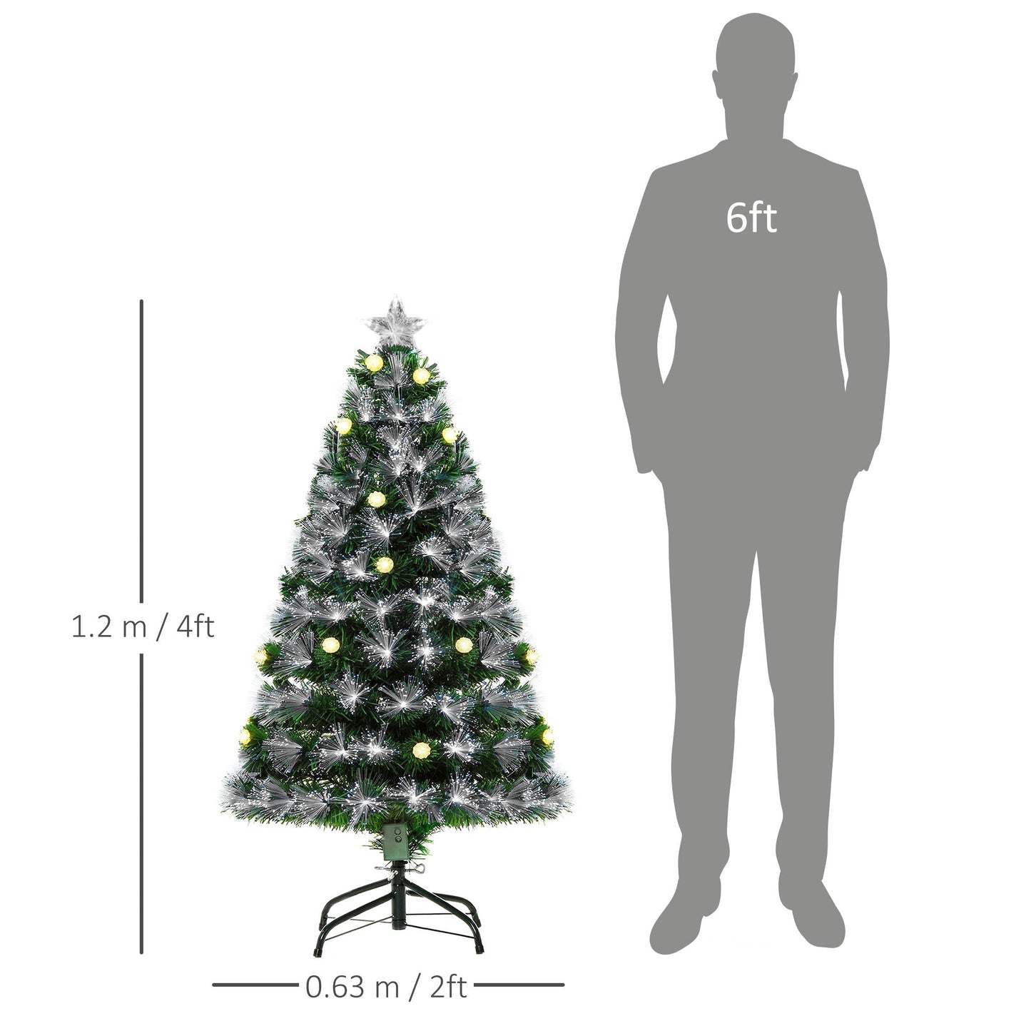 HOMCOM 4ft Biała choinka ze światłem sztucznym i 130 diodami LED, gwiazda na czubku, trójstopniowa, pełna, sezonowa dekoracja, wstępnie oświetlona, dom