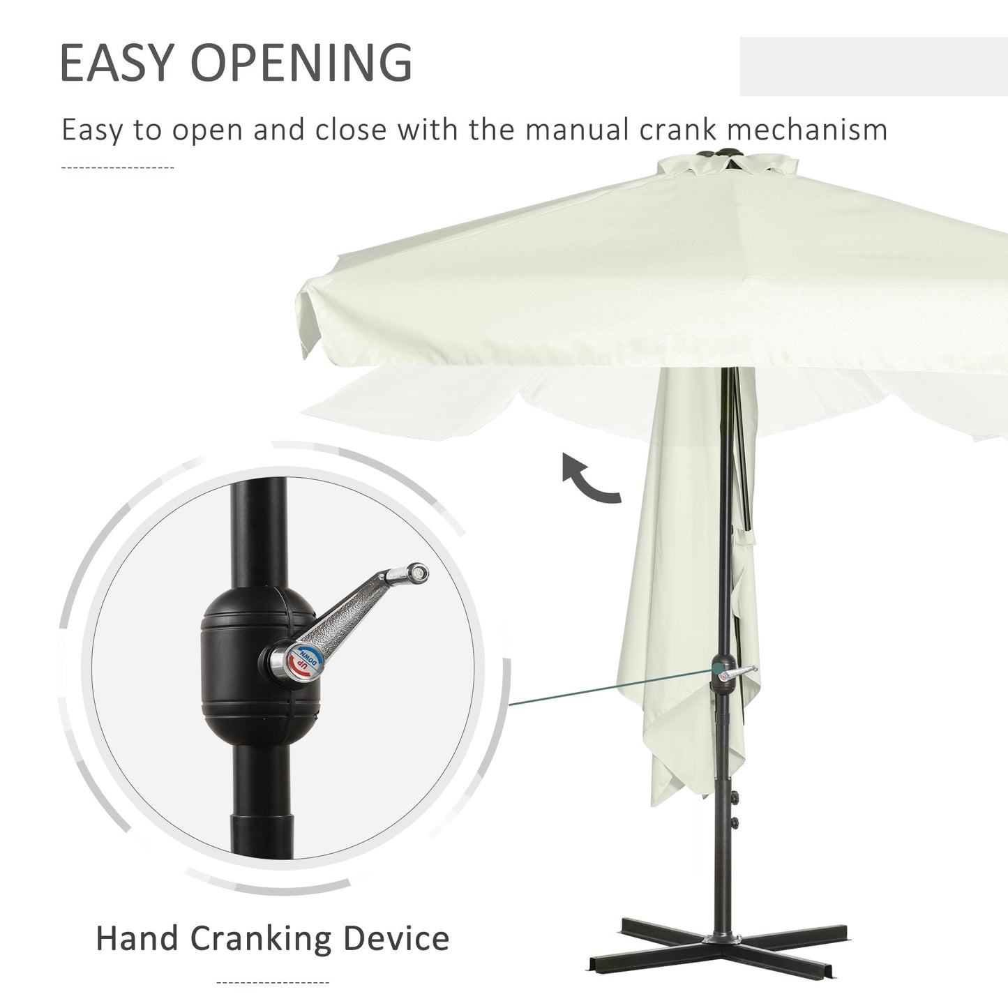 Outsunny 2.3m Half Parasol Semi Round Umbrella Patio Metal Frame Crank Handle for Balcony-- NO BASE INCLUDED, Off-White