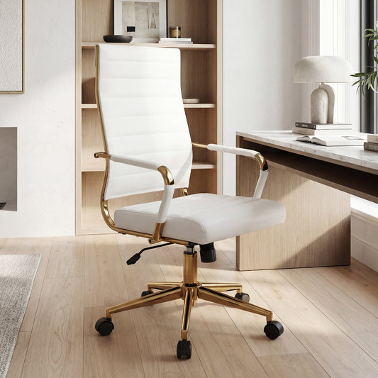 White Gold Office Chair with Ribbed PU Leather & Adjustable Backrest for Indoor-White