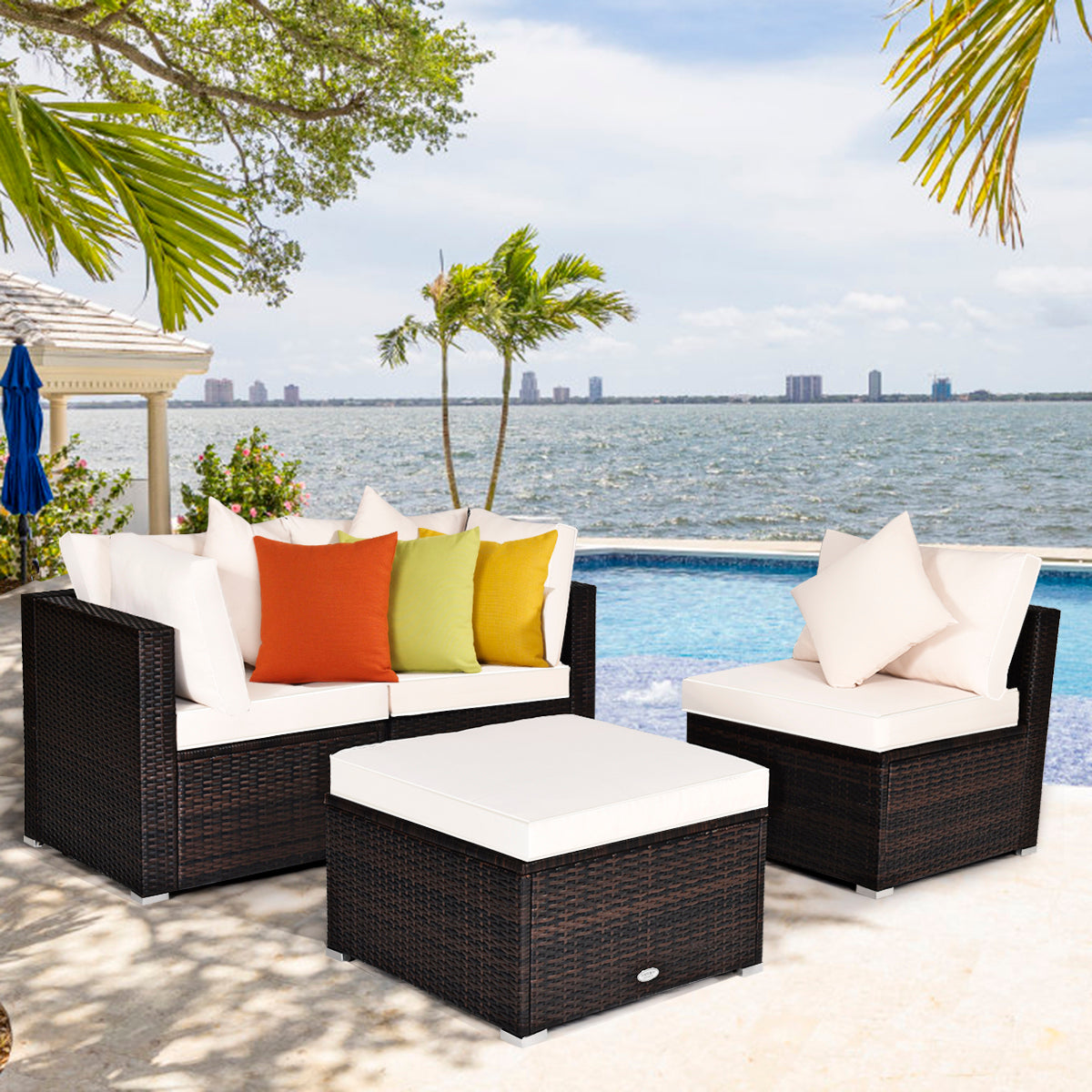 4 Pieces Outdoor Rattan Conversation Set with Removable Cushions and Pillows-White