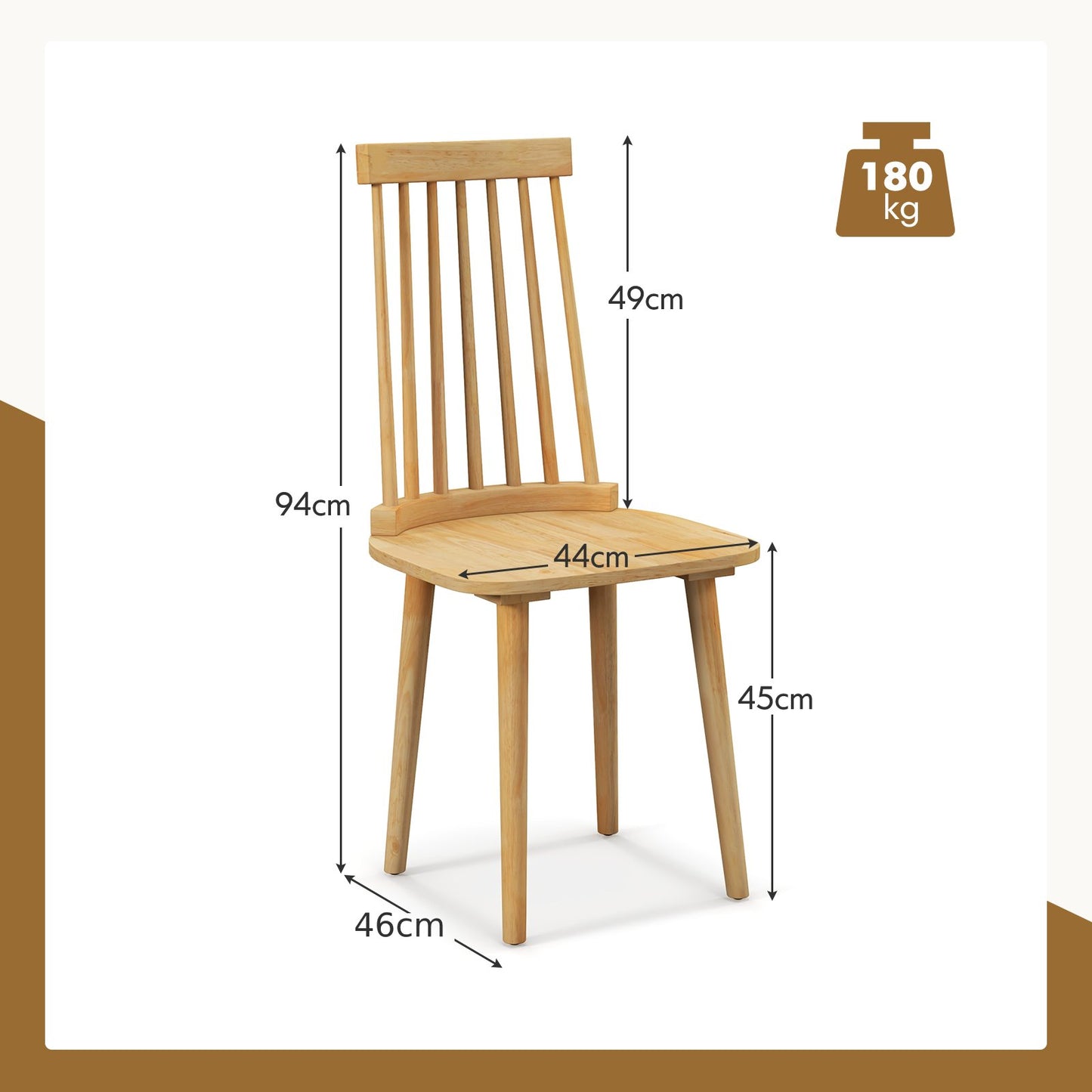 Windsor Dining Chairs Set of 2 with Natural Rubber Wood Legs and Non-slip Foot Pads-Natural