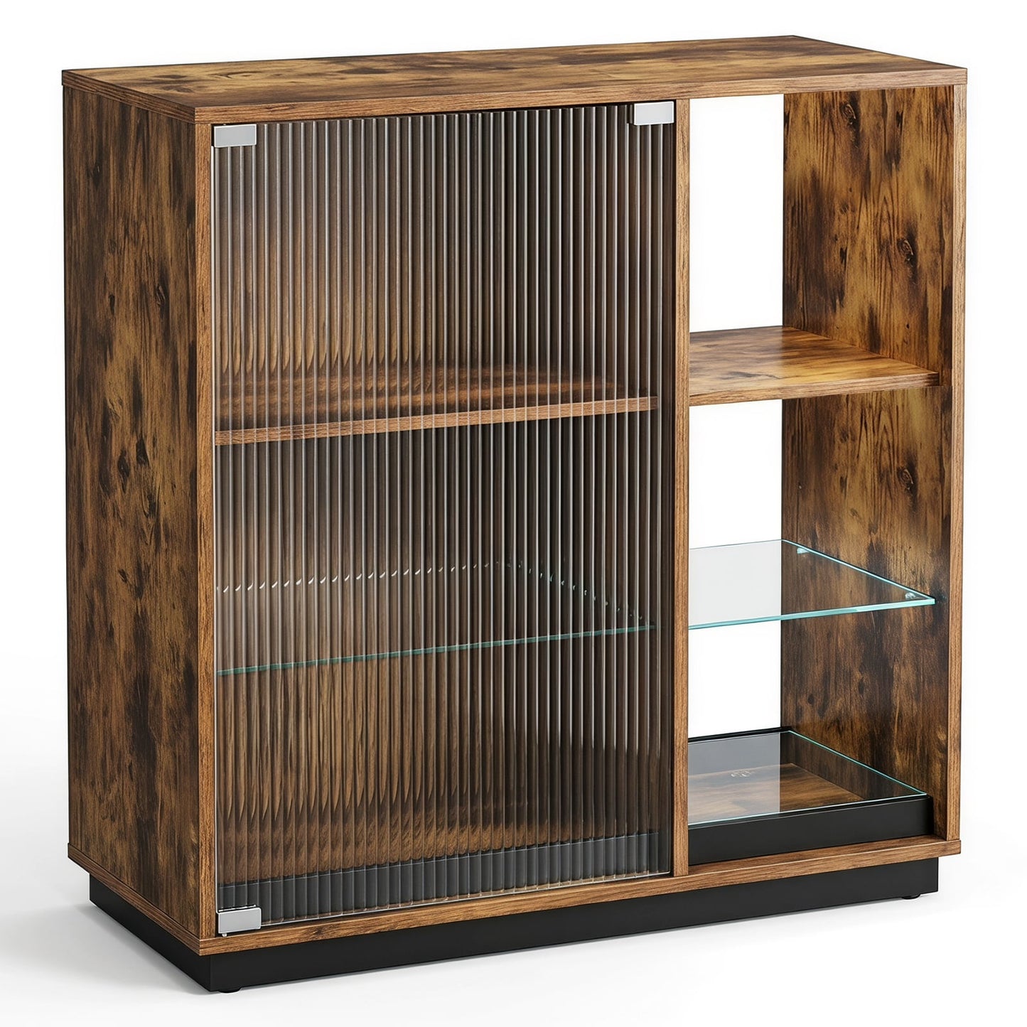 Wine Bar Cabinet with LED Lights & Glass Racks for Living Room Dining Room-Rustic Bown