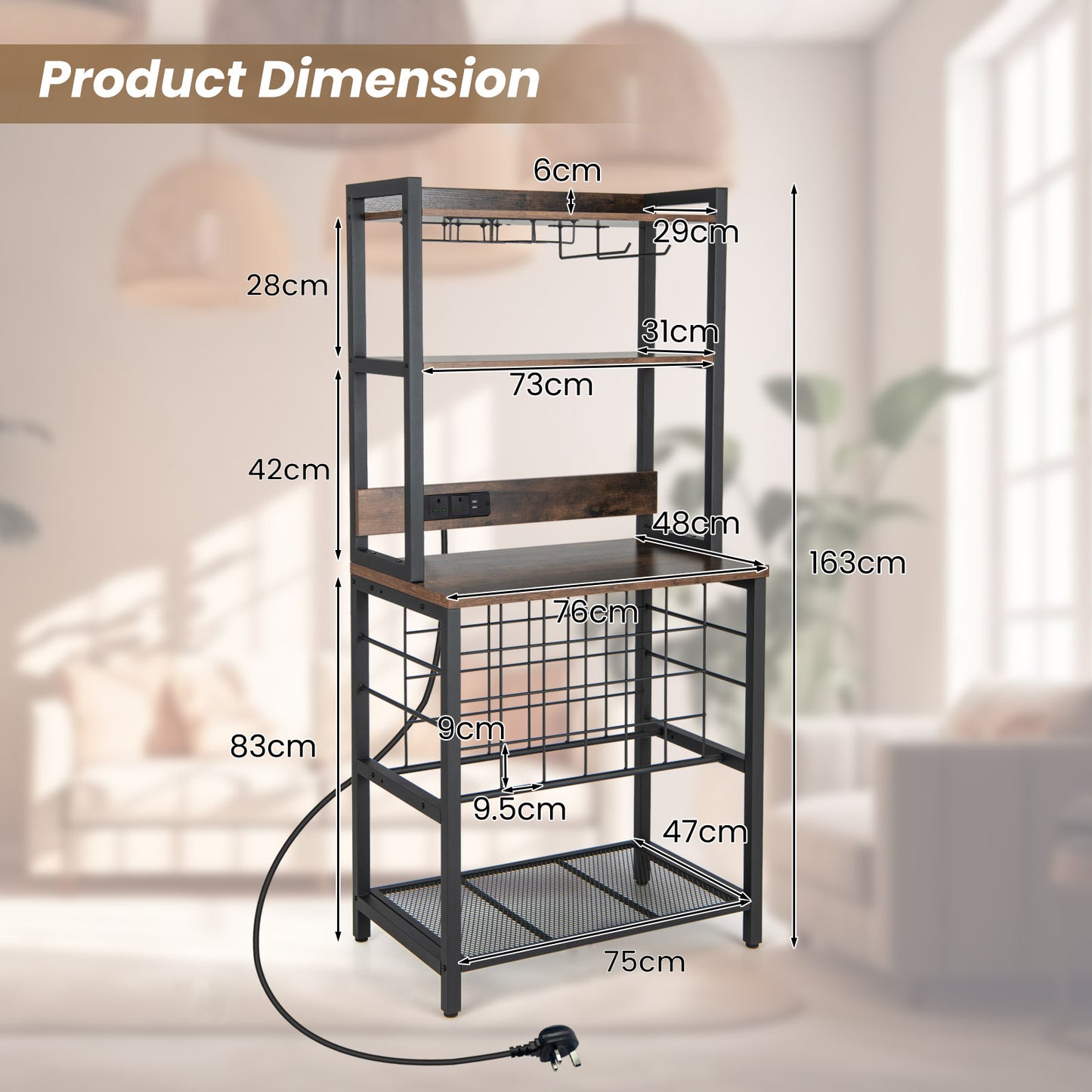 Wine Bar Cabinet Industrial 4 Tier with Glass Holders-Brown