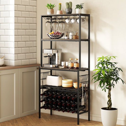 Wine Organizer with Power Outlet Multi-Tier Bakers Rack with Glass-Grey