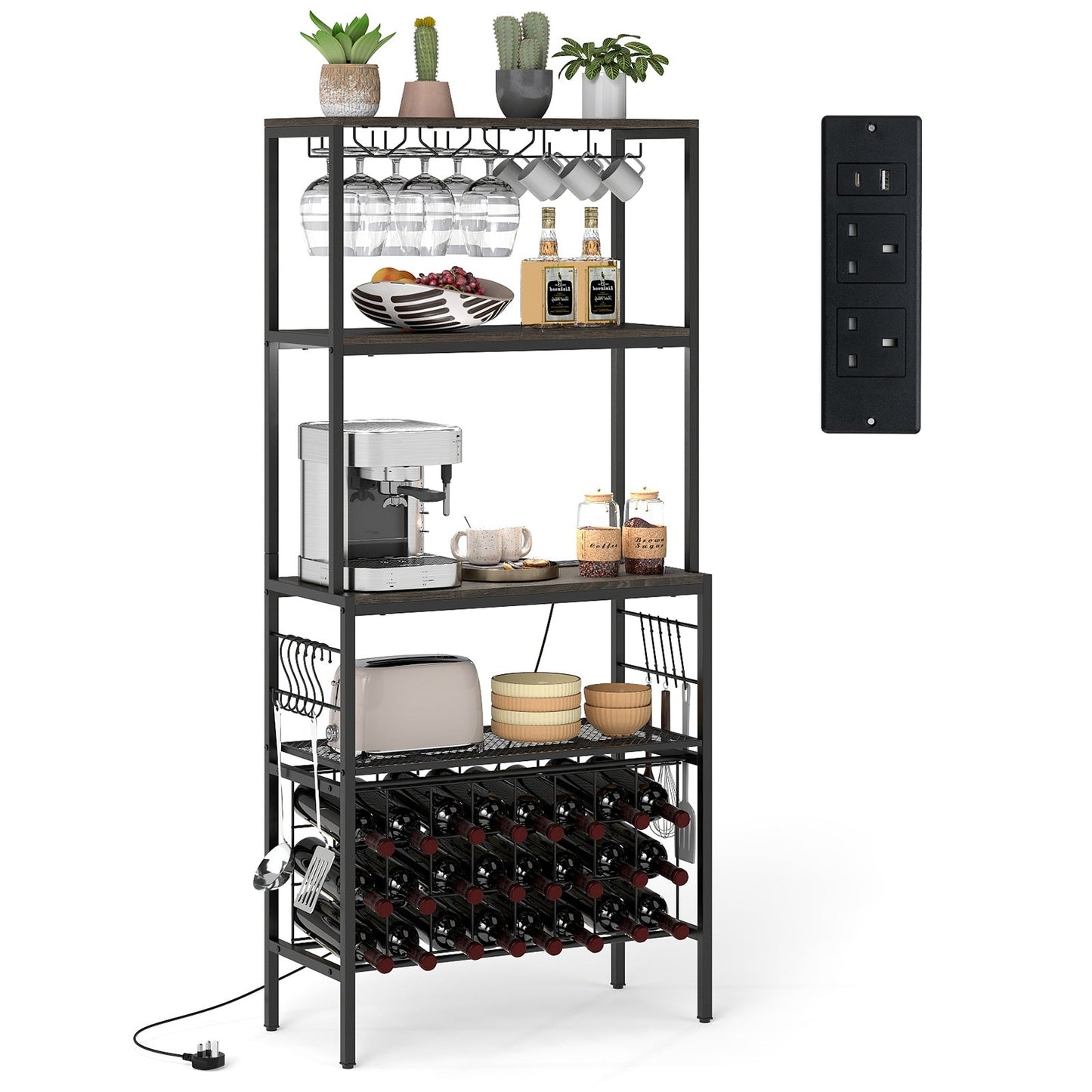 Wine Organizer with Power Outlet Multi-Tier Bakers Rack with Glass-Grey