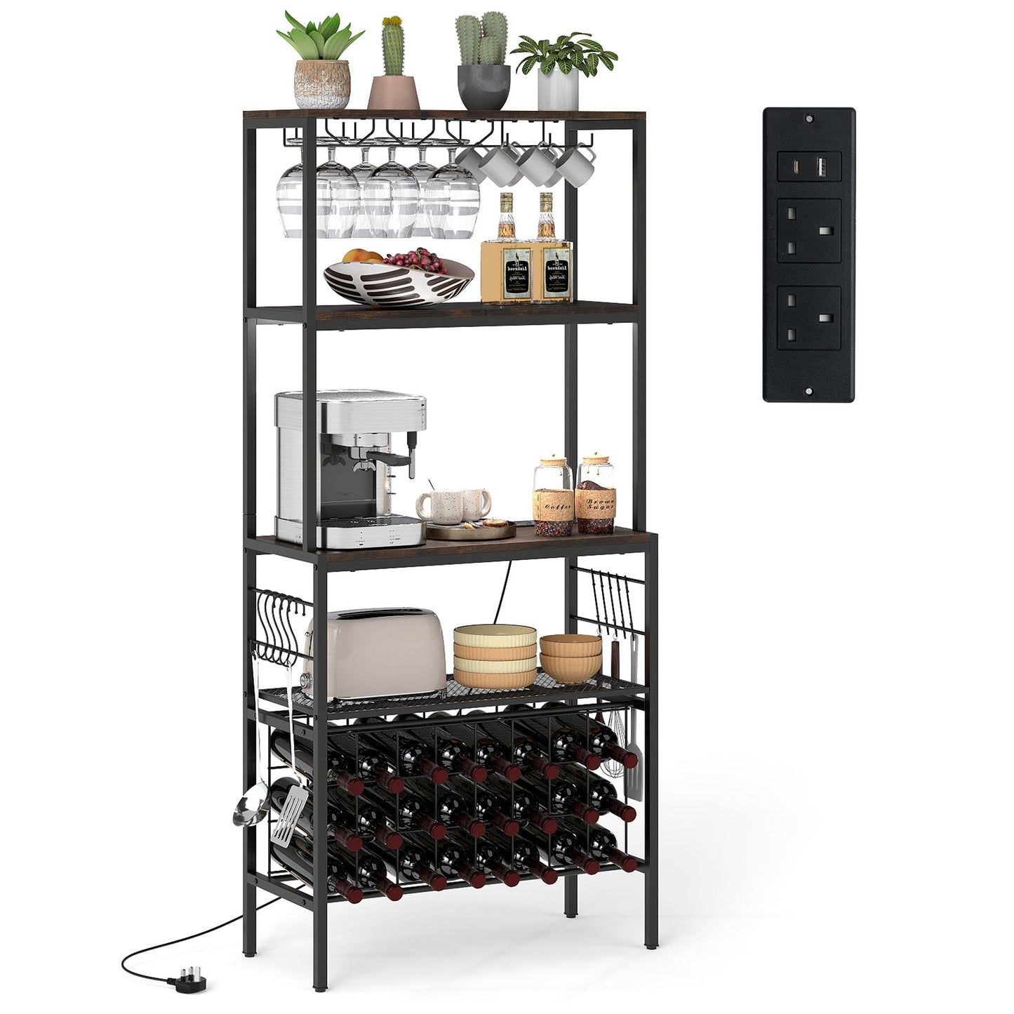 Wine Organizer with Power Outlet Multi-Tier Bakers Rack with Glass-Rustic Brown