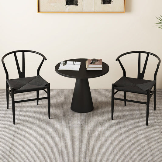 Wishbone Dining Chair Set of 2 with Y-Shaped Backrest and Woven Twine Seat-Black